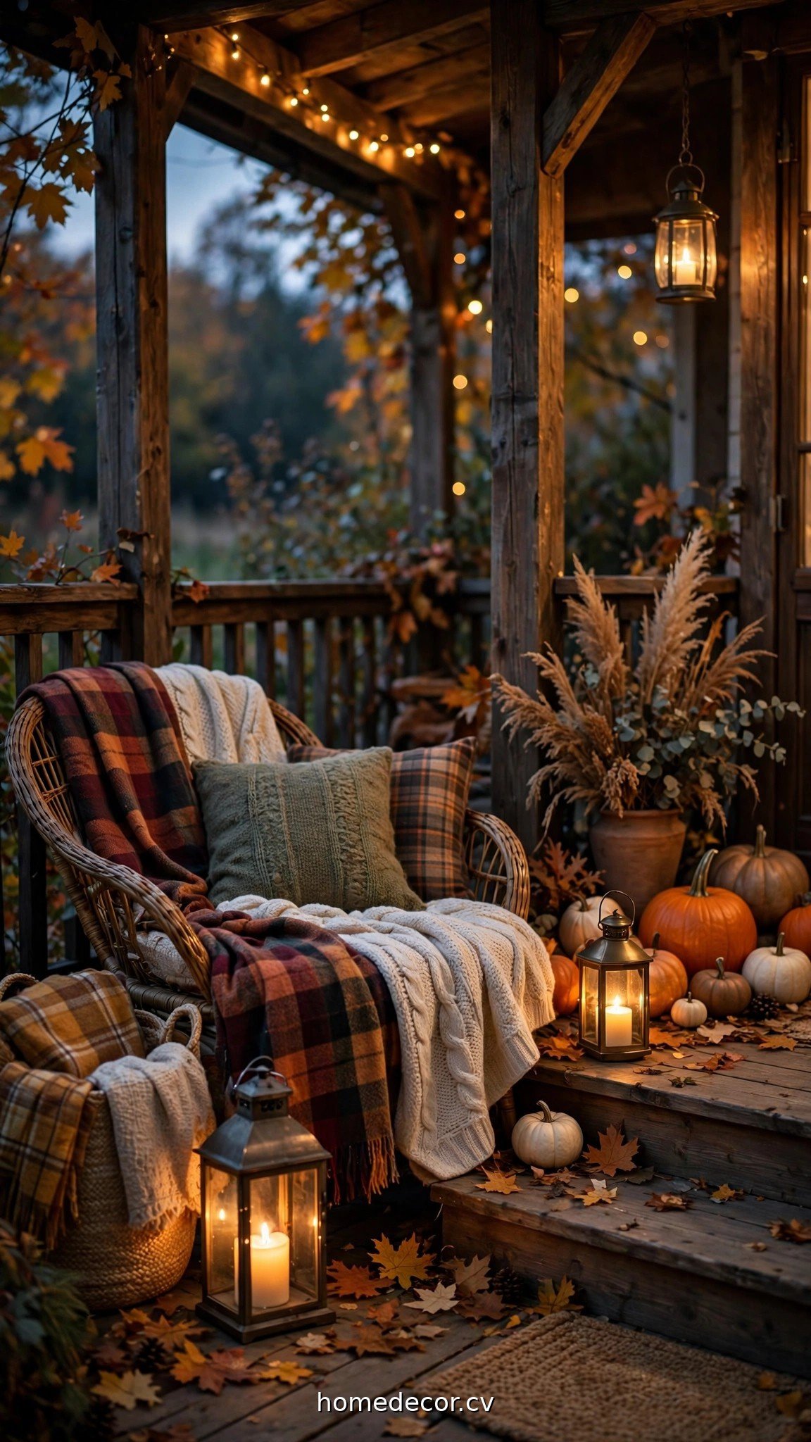 Cozy fall porch with plaid blankets, warm lanterns and layered textures at dusk