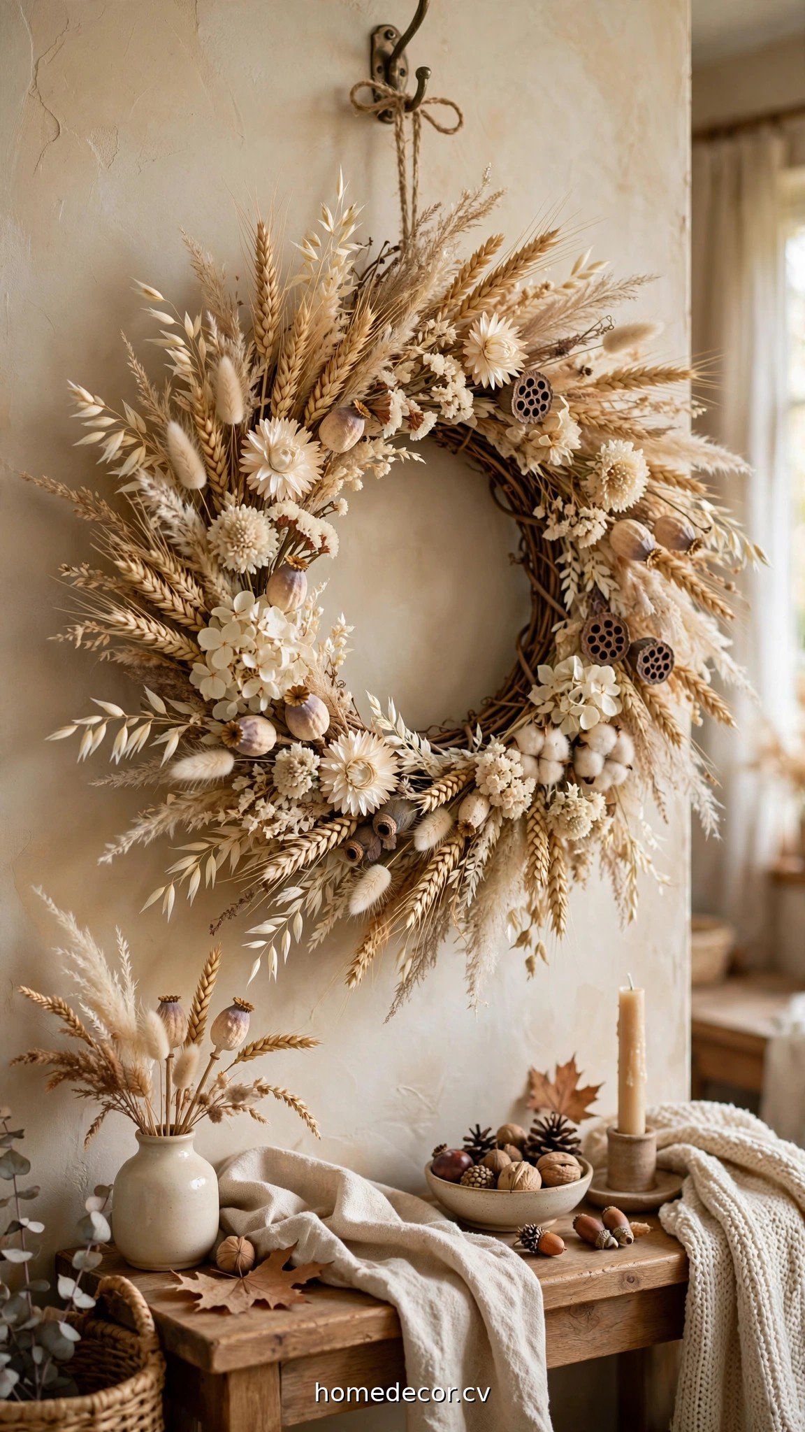 Unique fall wreath of dried wheat, grasses and cream florals on a grapevine base