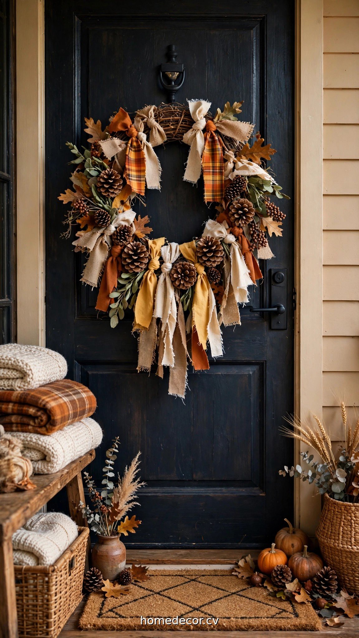 Creative DIY fall wreath made of fabric strips and pinecones on a front door