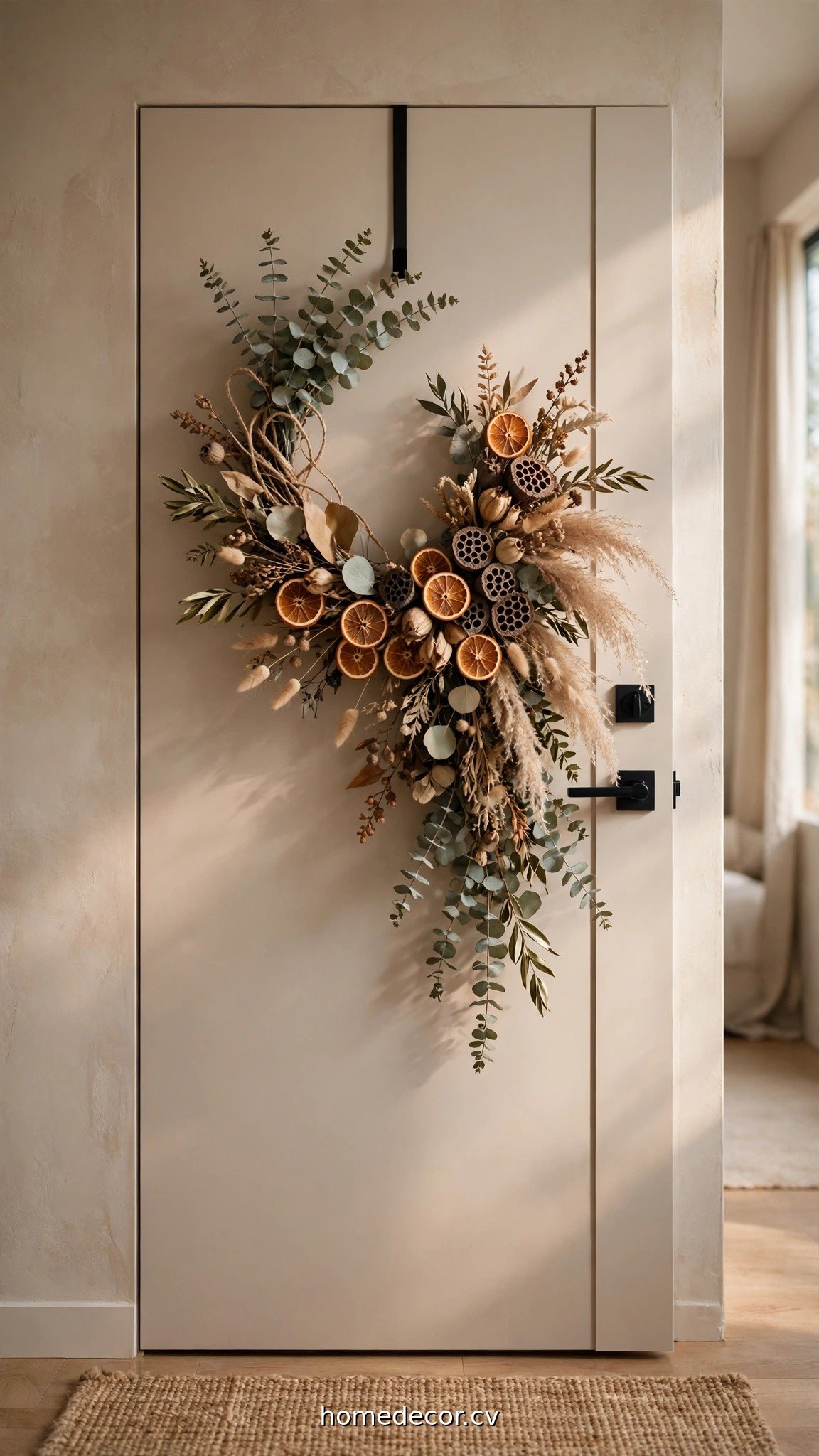 Modern asymmetric fall wreath with dried orange slices and eucalyptus