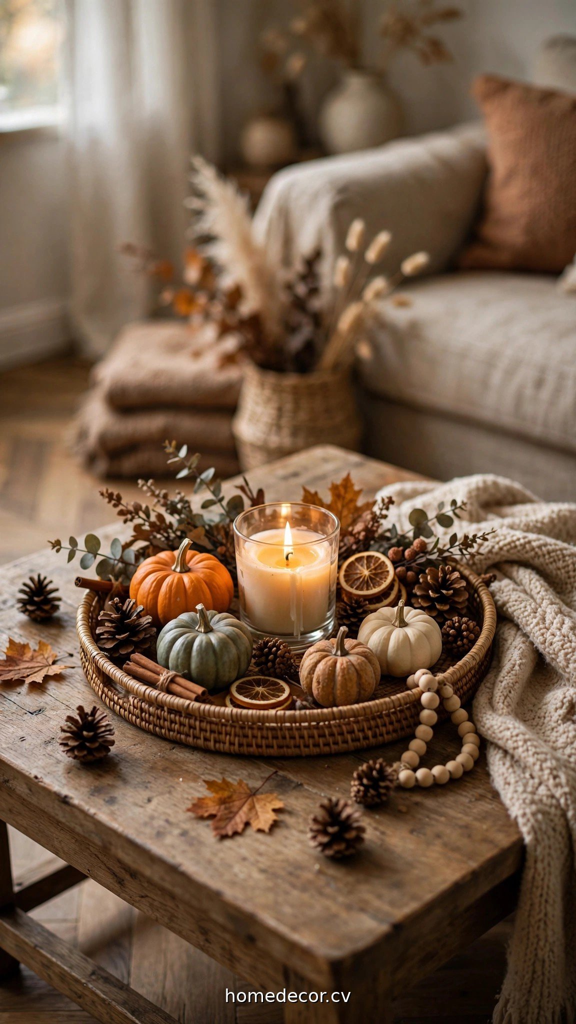 Fall tray decor on a coffee table with candle, pumpkins and pinecones