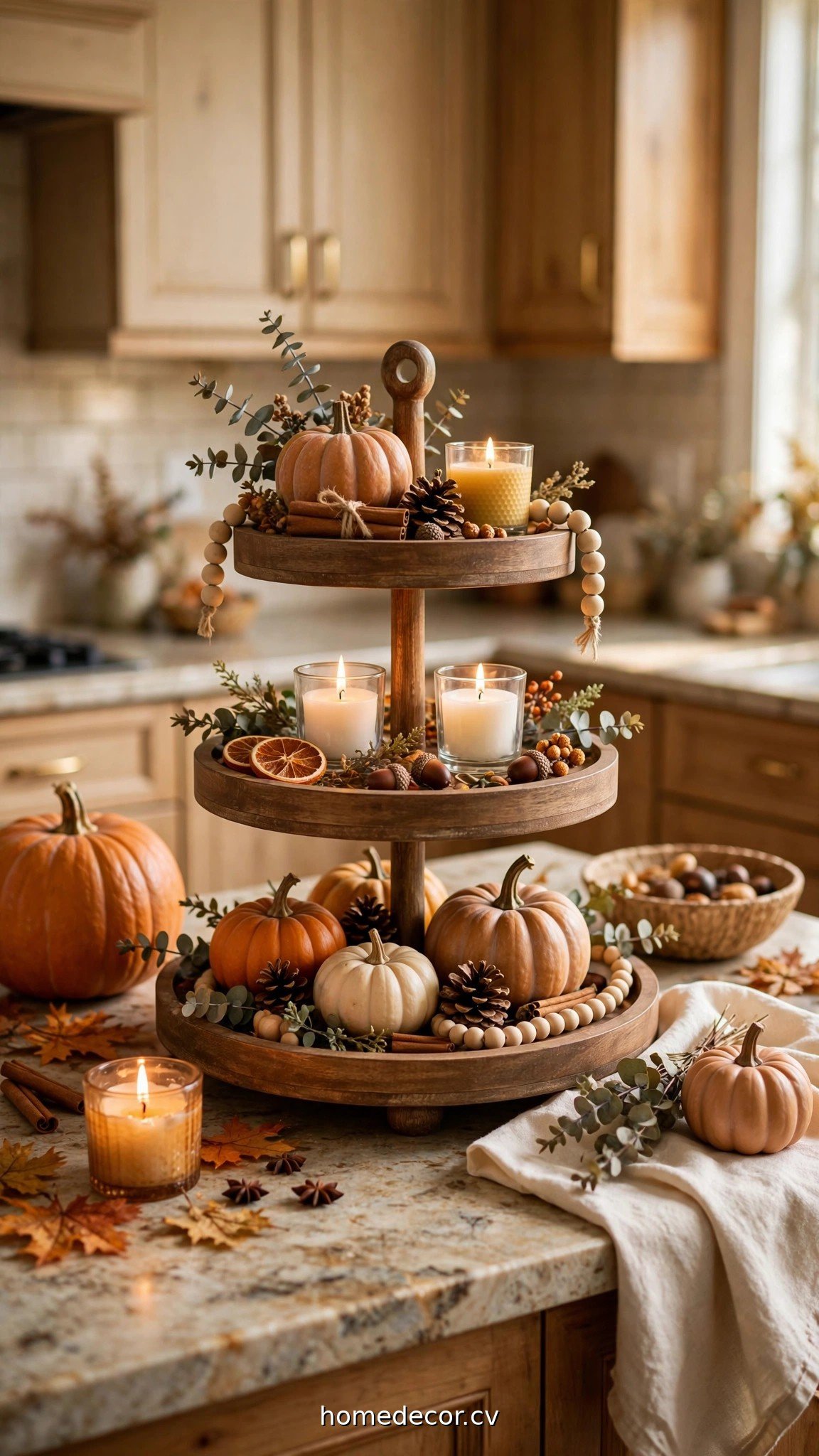 Fall tiered tray decor on a kitchen counter with pumpkins and candles