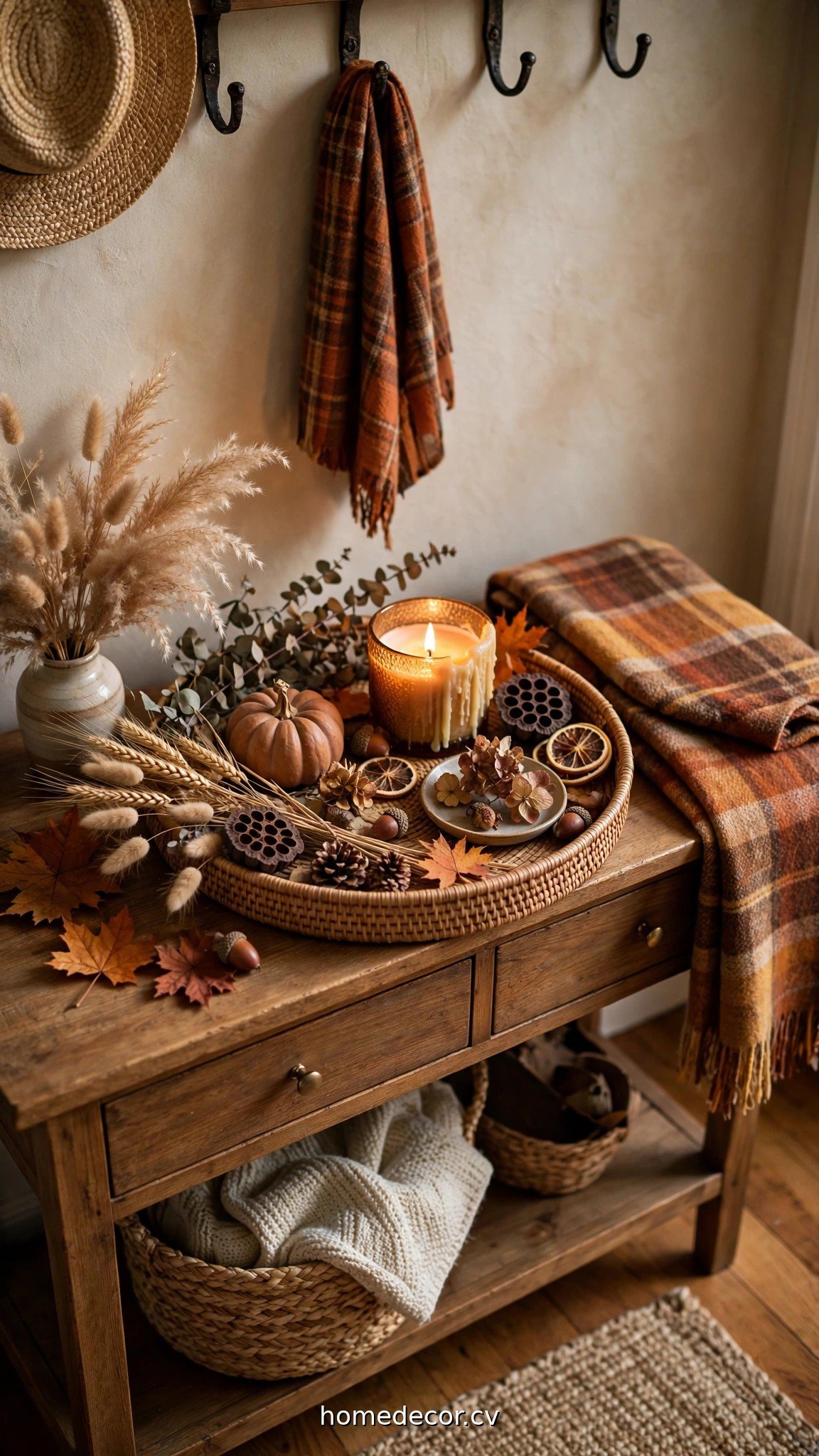 Fall tray decor on an entryway console with candle and dried botanicals