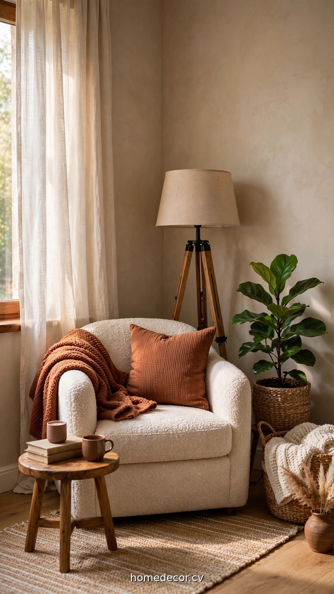 Cozy reading nook in a living room corner with armchair, floor lamp and plant