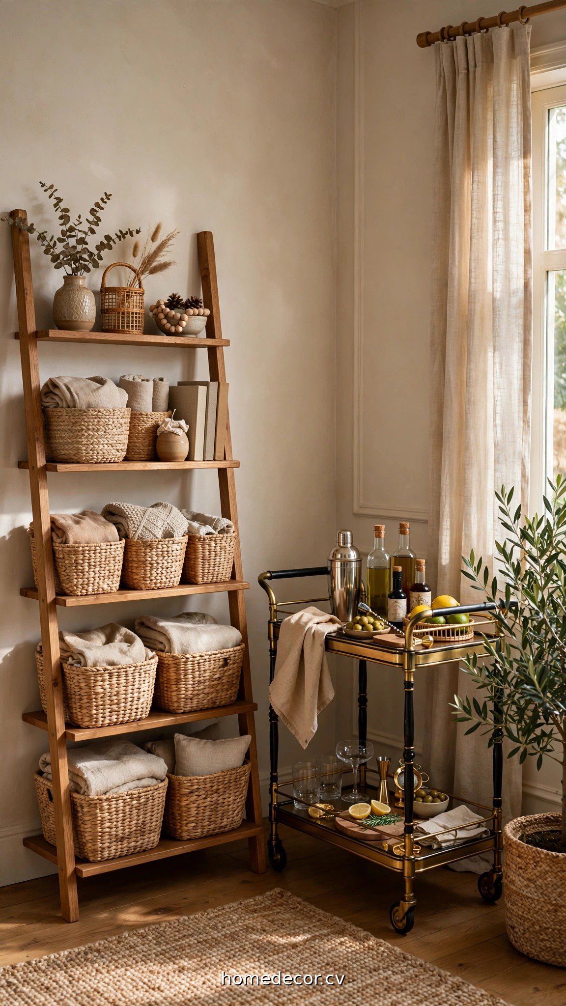 Functional living room corner with ladder shelf, storage baskets and bar cart