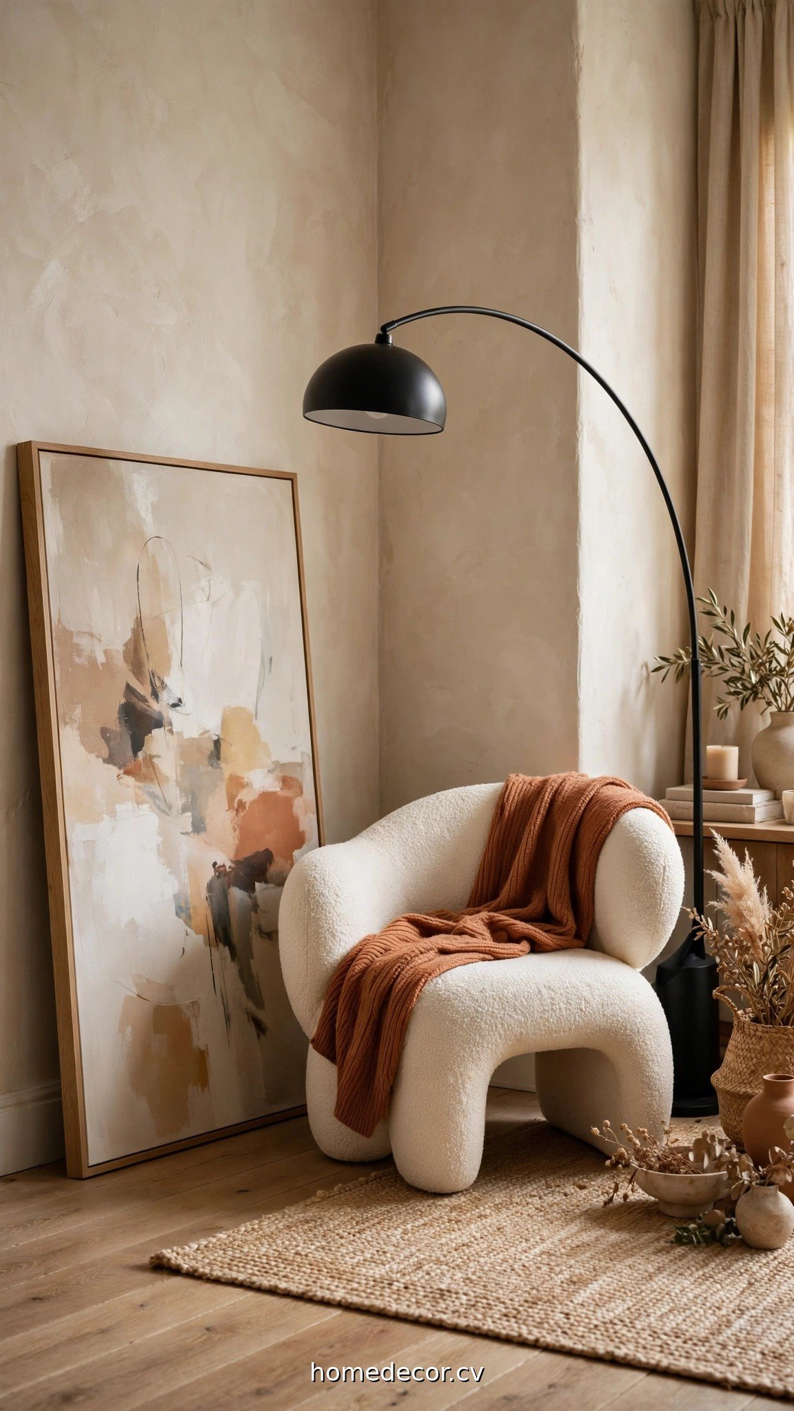 Living room corner with oversized art, arc lamp and sculptural chair
