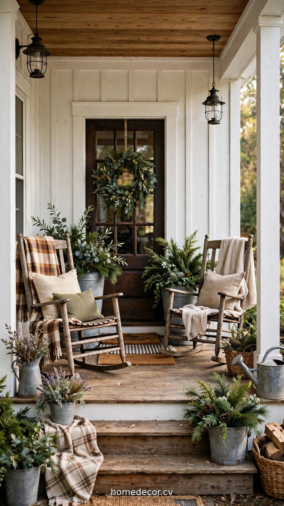 Farmhouse front porch with rocking chairs, layered doormats and galvanized planters