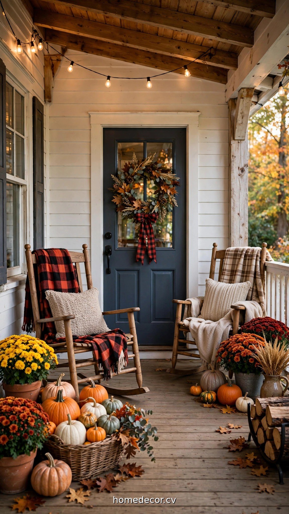 Farmhouse front porch decorated for fall with pumpkins, mums and plaid throws