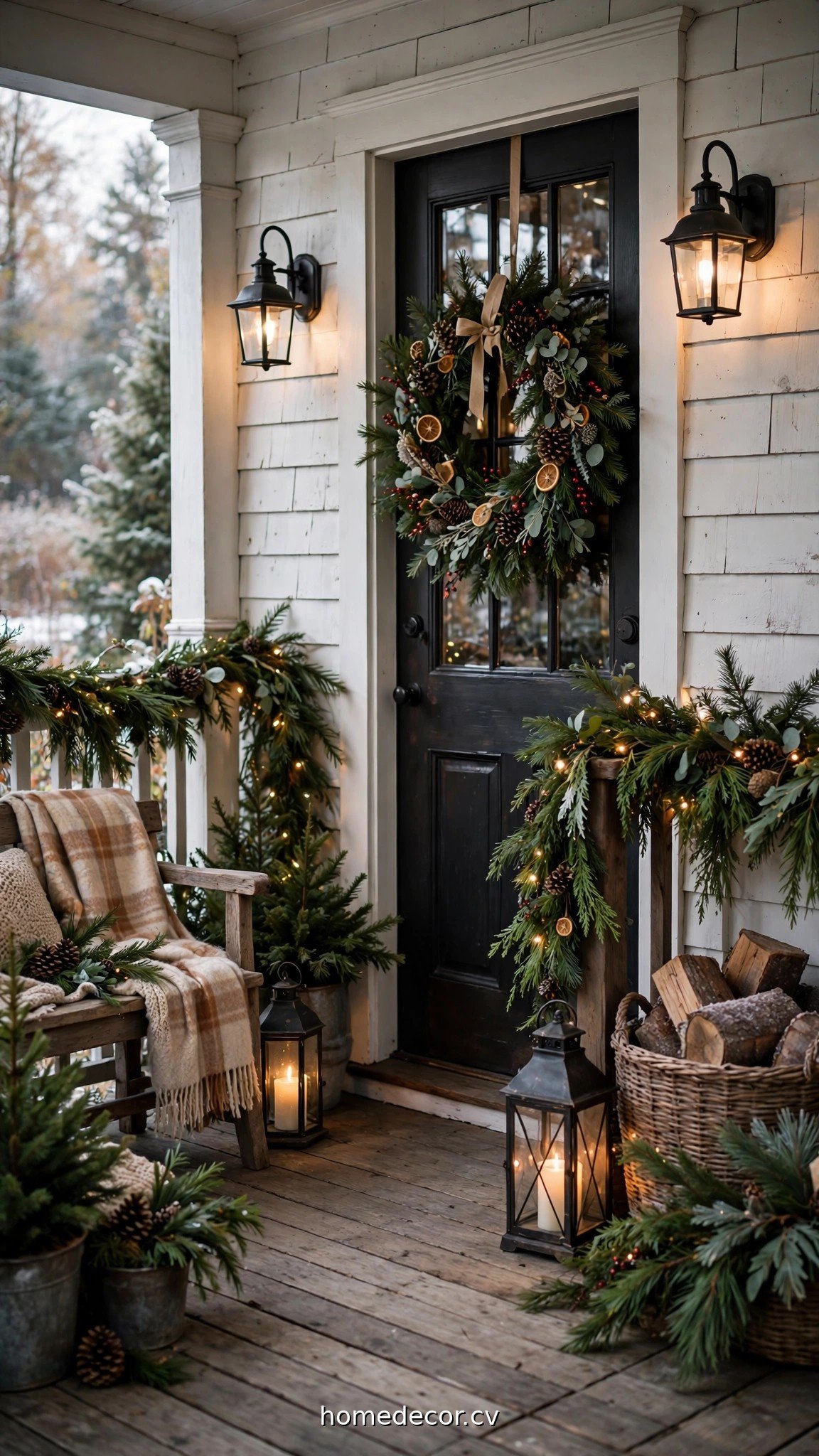 Farmhouse front porch decorated for Christmas with pine garlands, lanterns and a wreath