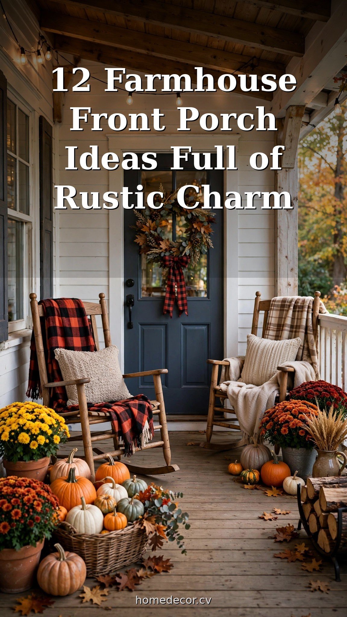 Pinterest pin: 12 Farmhouse Front Porch Ideas Full of Rustic Charm
