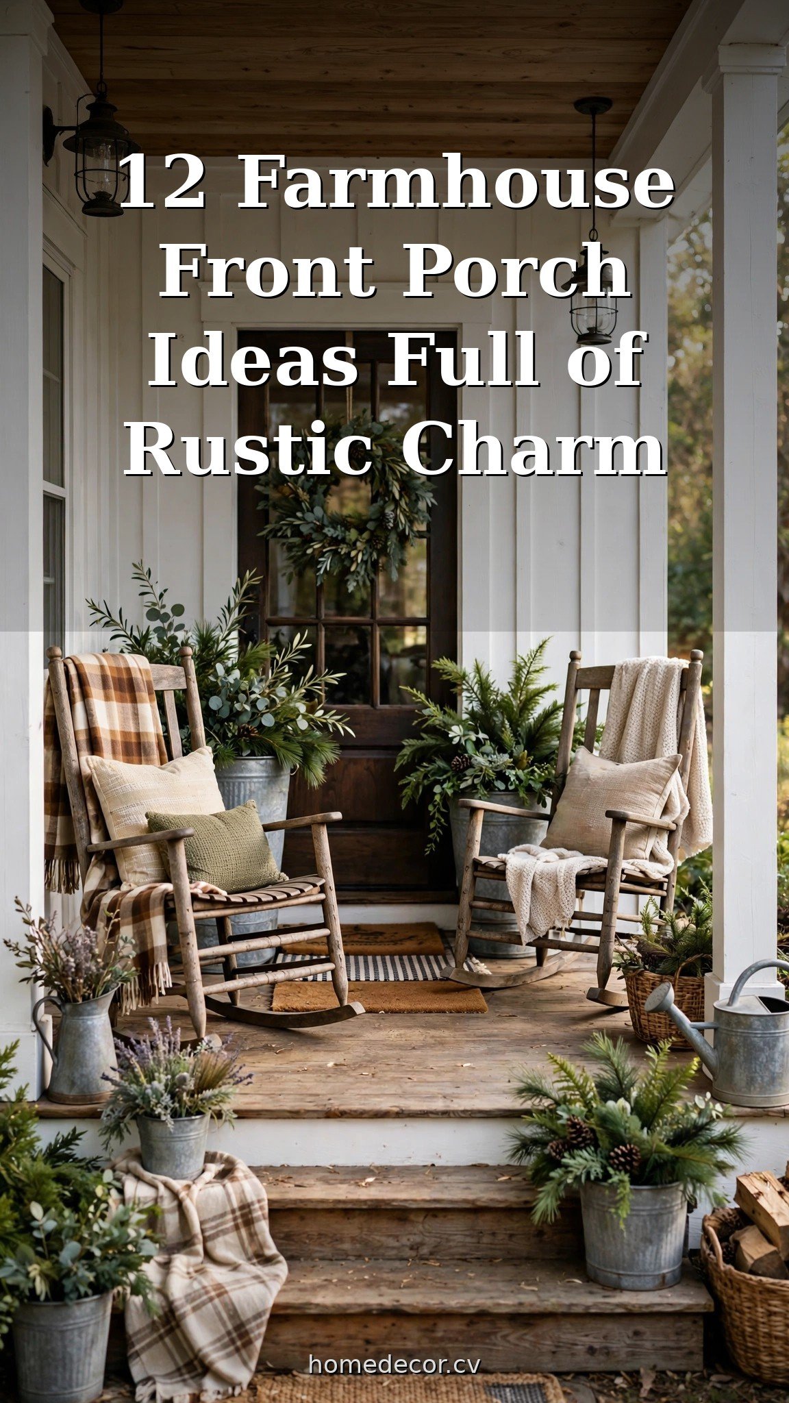 Pinterest pin: 12 Farmhouse Front Porch Ideas Full of Rustic Charm