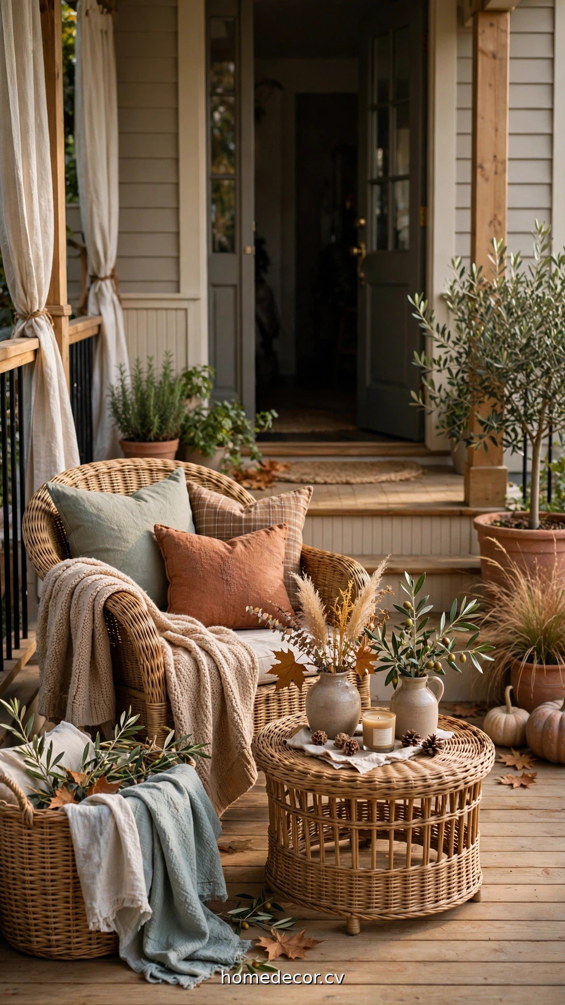 Neutral porch base with wicker furniture and layered textiles for seasonal transition