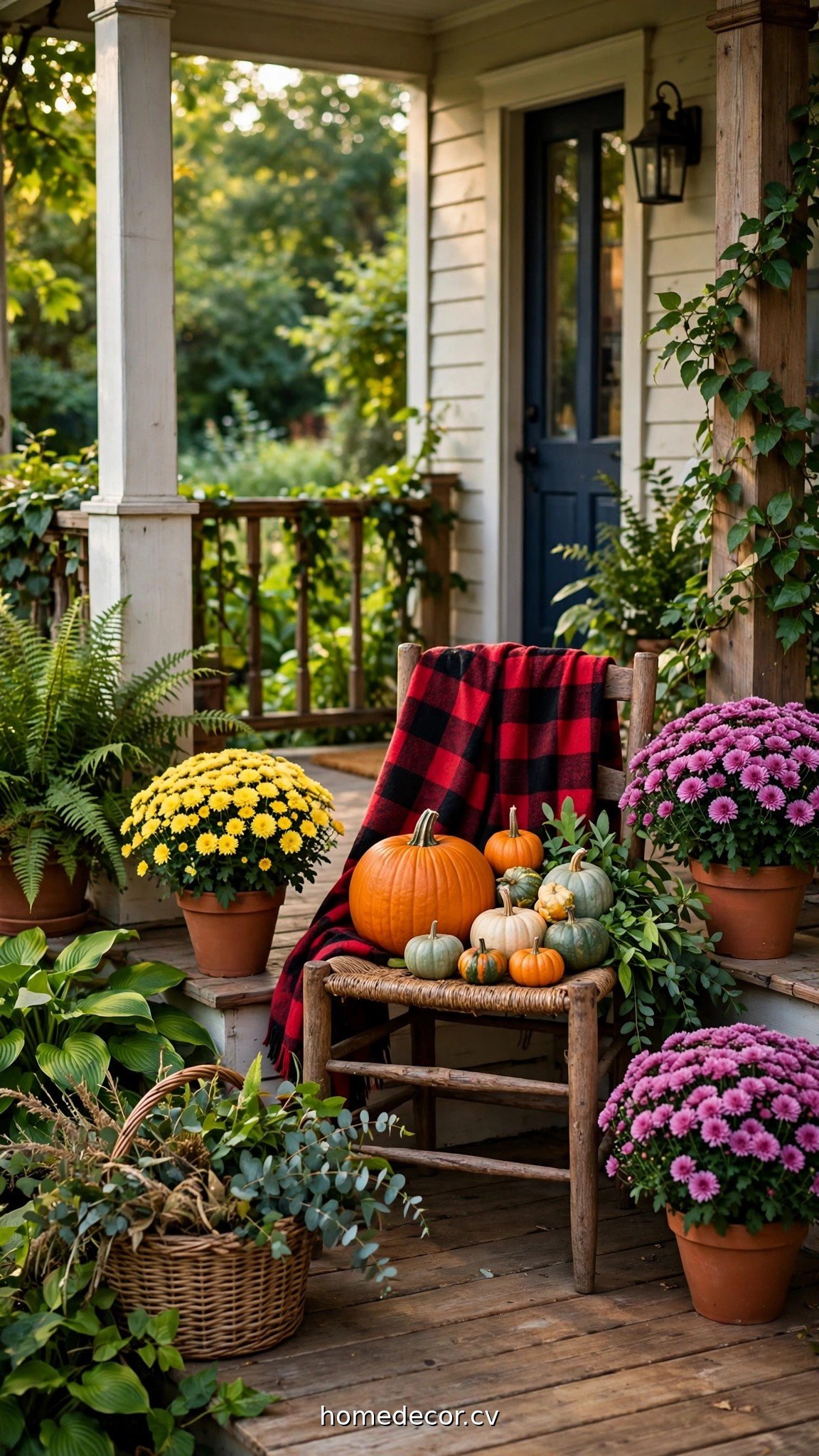 Porch with early fall accents: pumpkins, plaid throw and mums among summer greenery