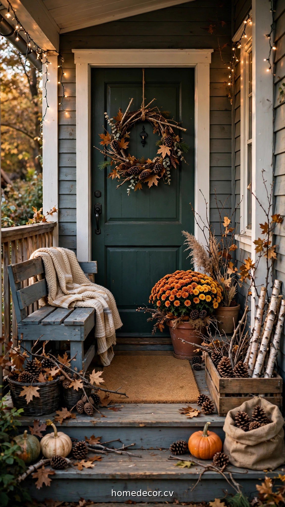 Budget-friendly fall porch transition with DIY touches and natural elements