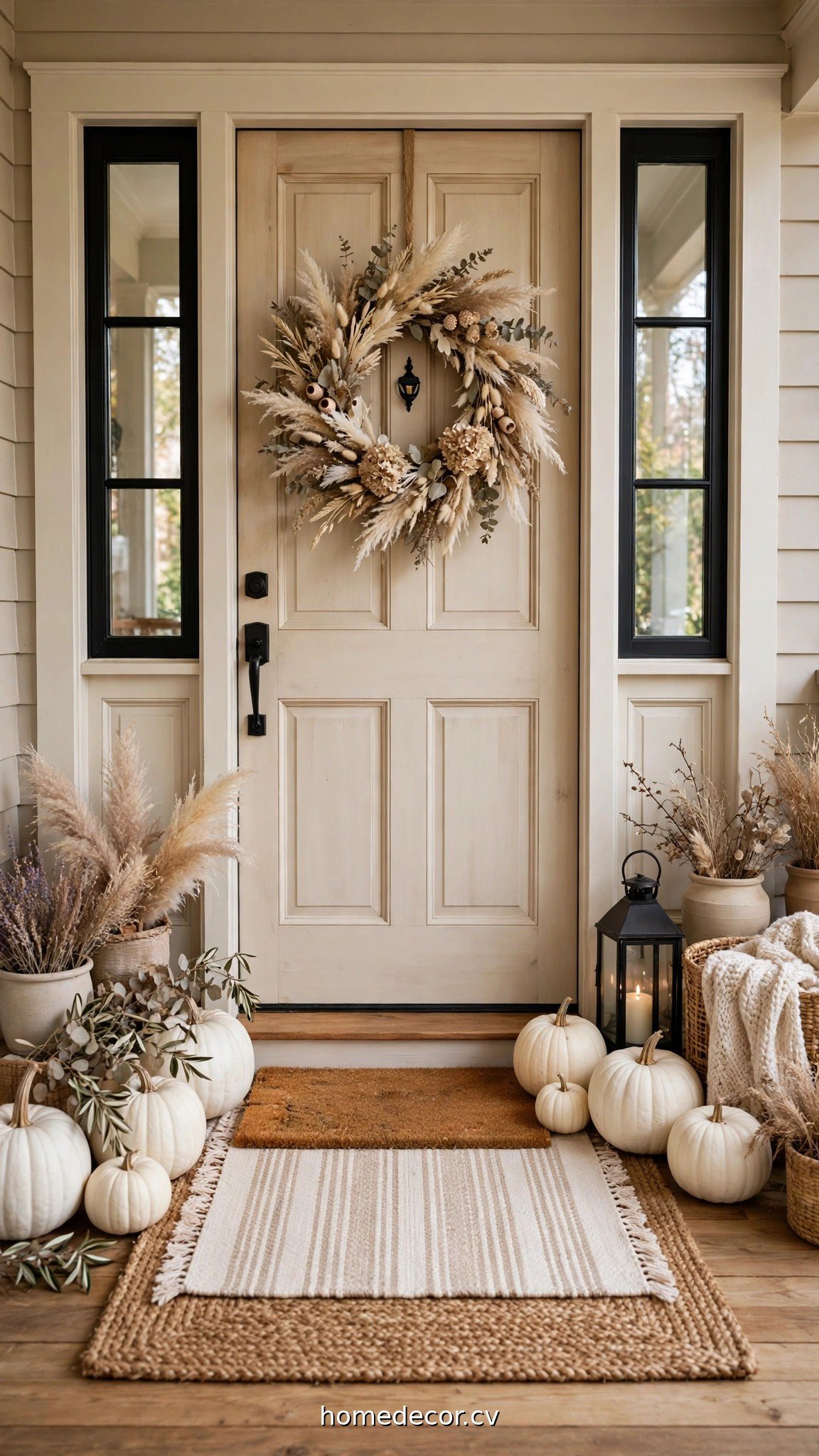 Neutral fall porch entry with cream wreath, layered doormats and white pumpkins