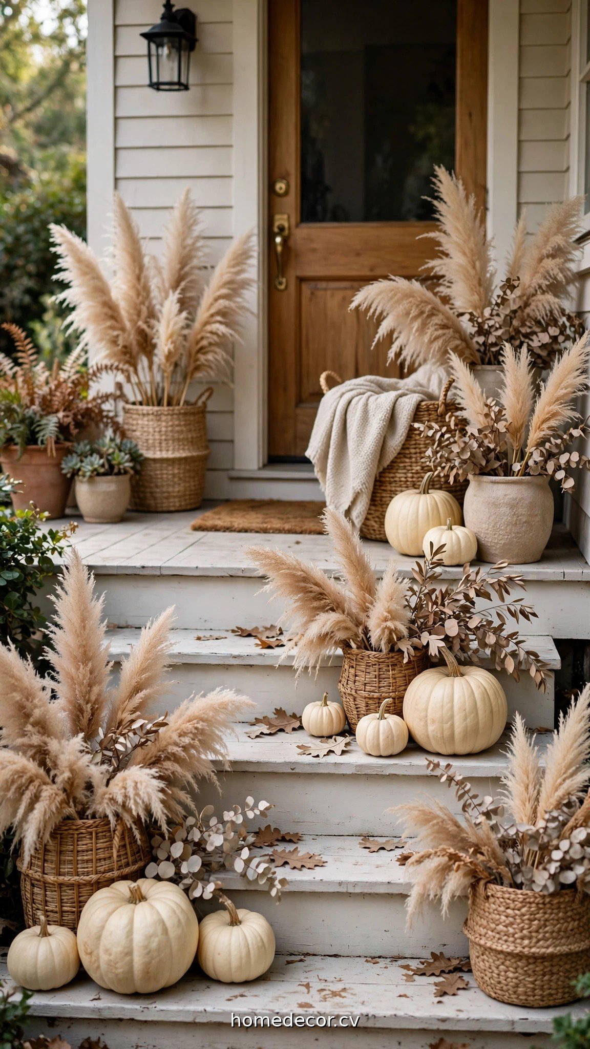 Neutral fall porch steps with cream pumpkins, woven baskets and pampas grass