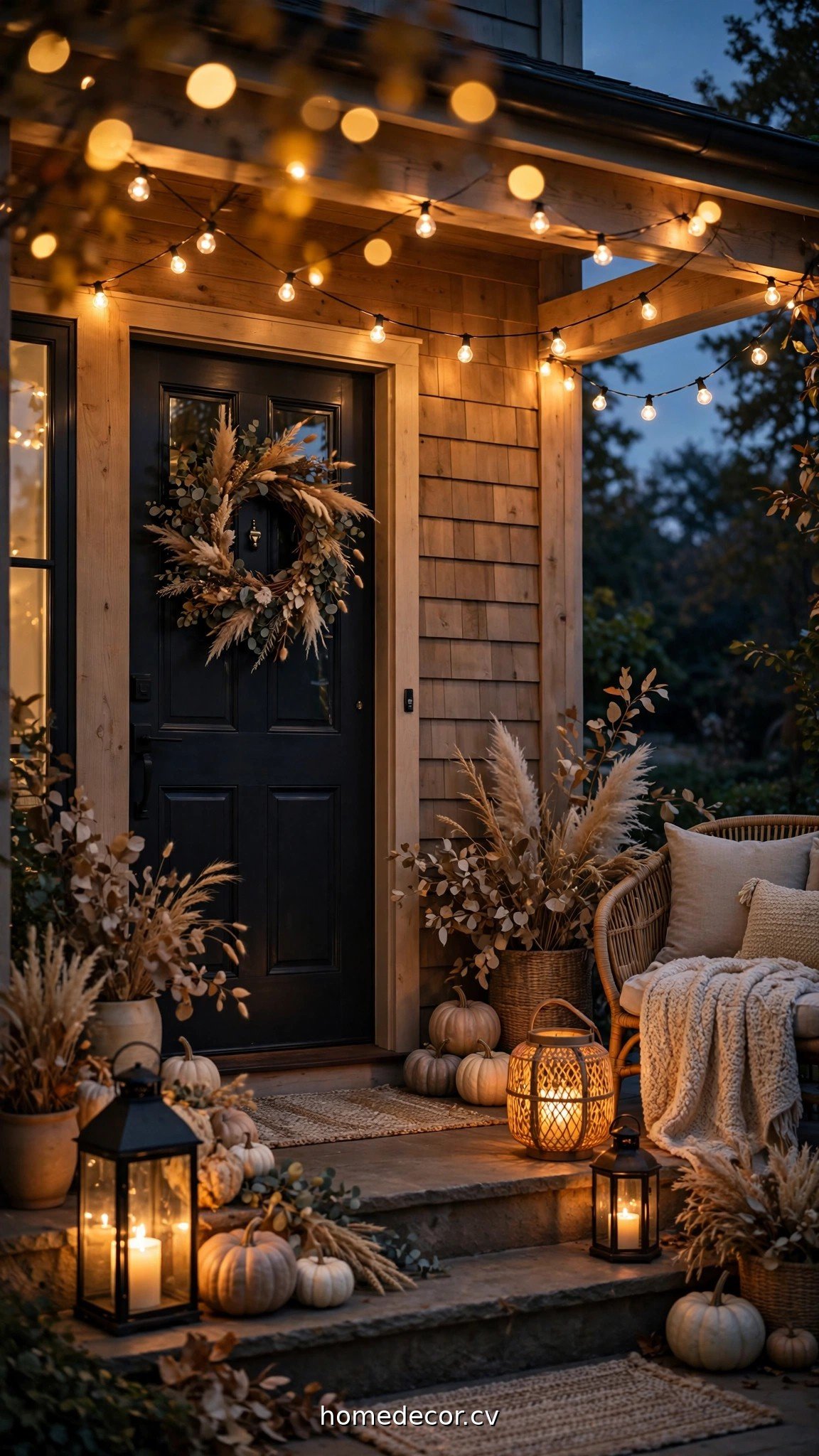 Neutral fall porch at dusk with glowing lanterns and warm string lights