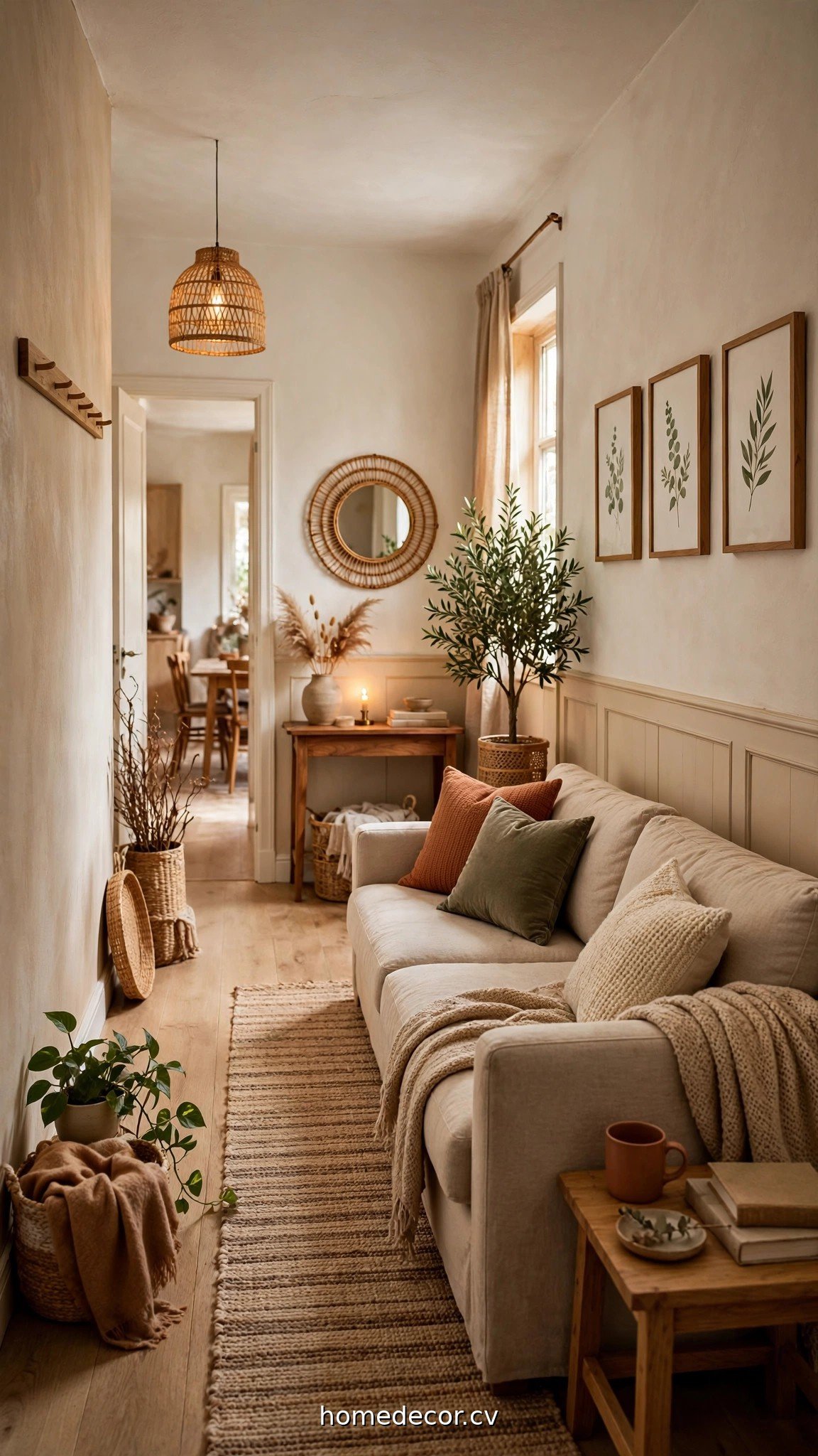 Narrow living room layout with sofa on long wall and clear walkway
