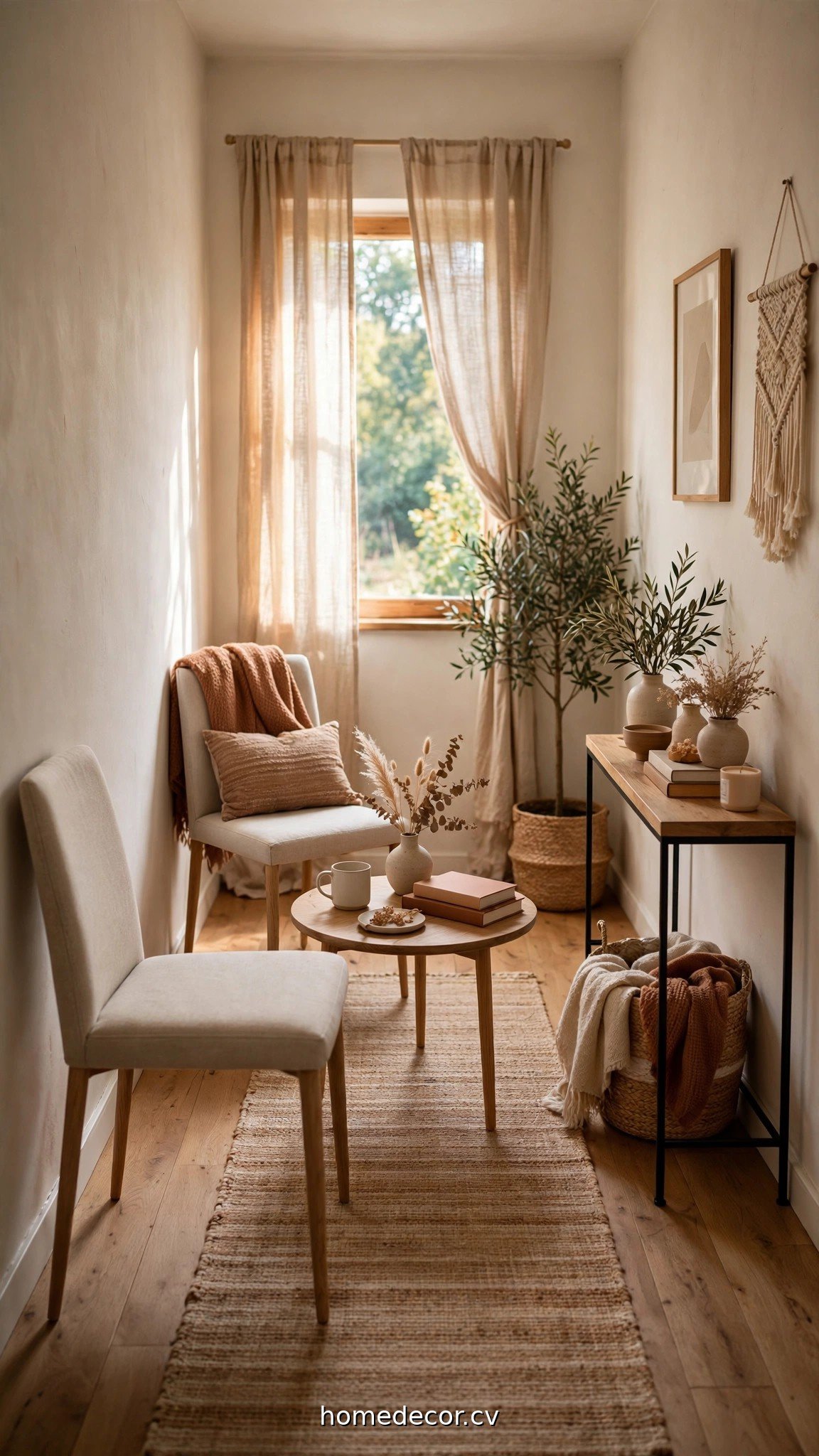 Narrow living room with slim armless chairs, round coffee table and leggy furniture
