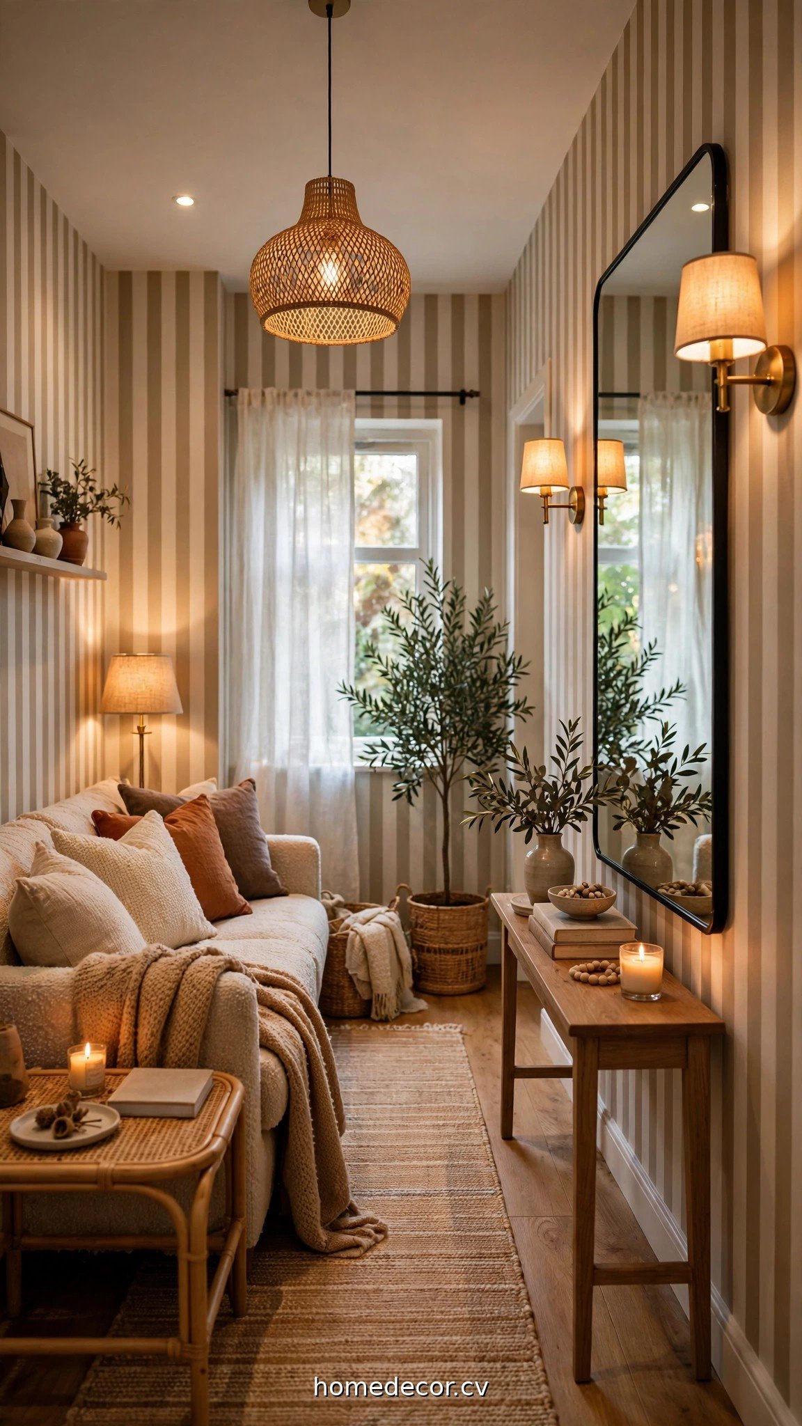 Narrow living room with large mirror, vertical stripes and layered lighting