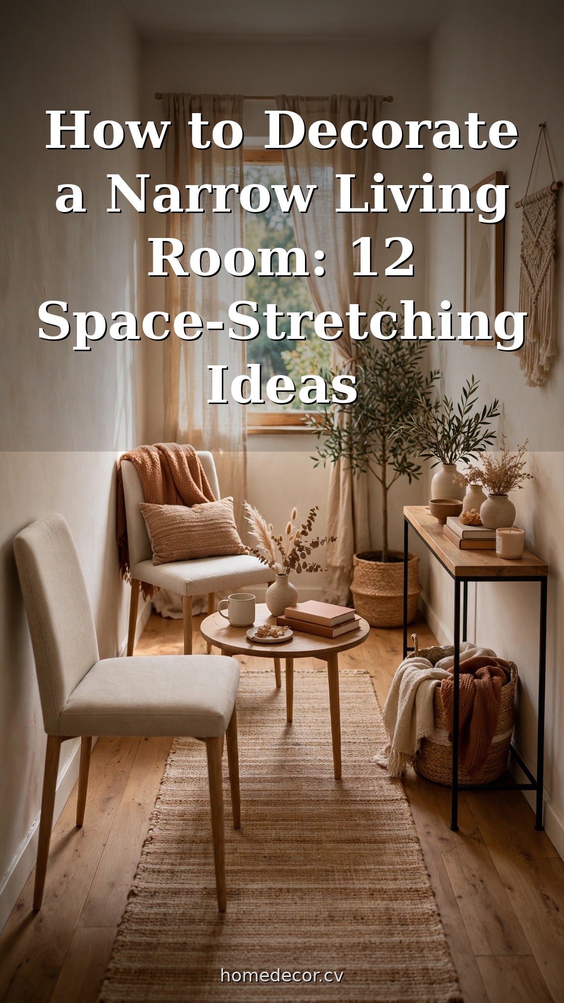 Pinterest pin: How to Decorate a Narrow Living Room: 12 Space-Stretching Ideas
