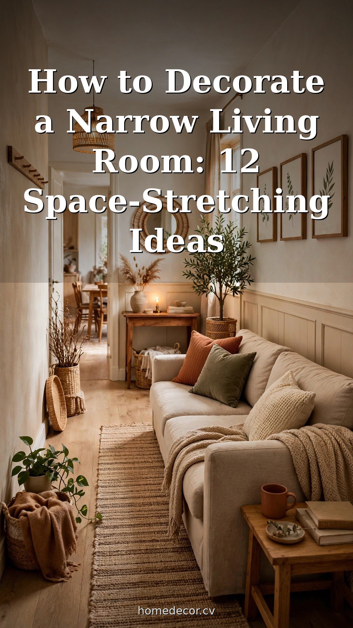 Pinterest pin: How to Decorate a Narrow Living Room: 12 Space-Stretching Ideas