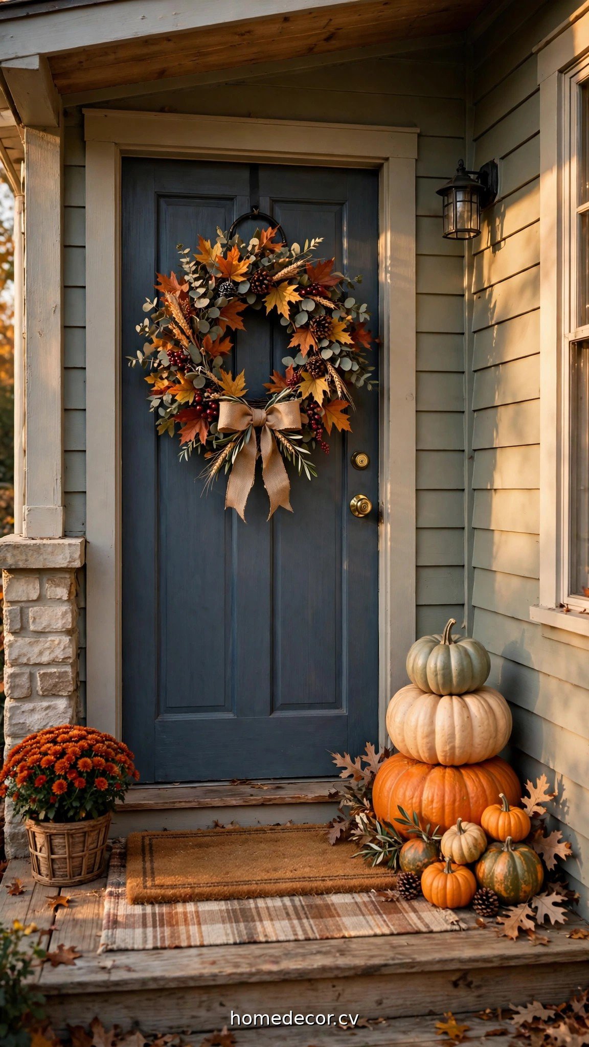 Small porch door with fall wreath, layered doormat and pumpkin stack