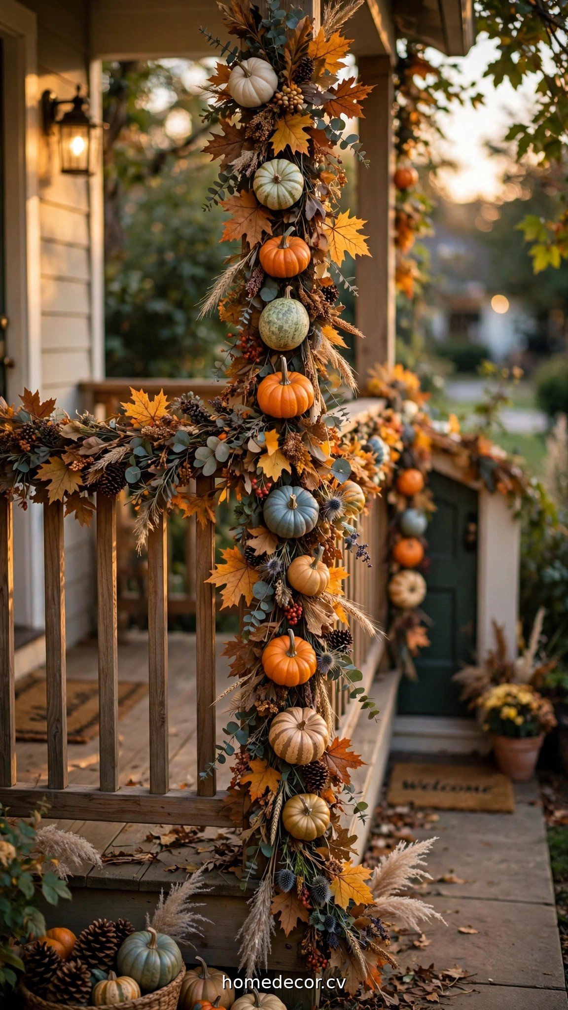 Small porch railing decorated with mini pumpkins, gourds and a fall garland