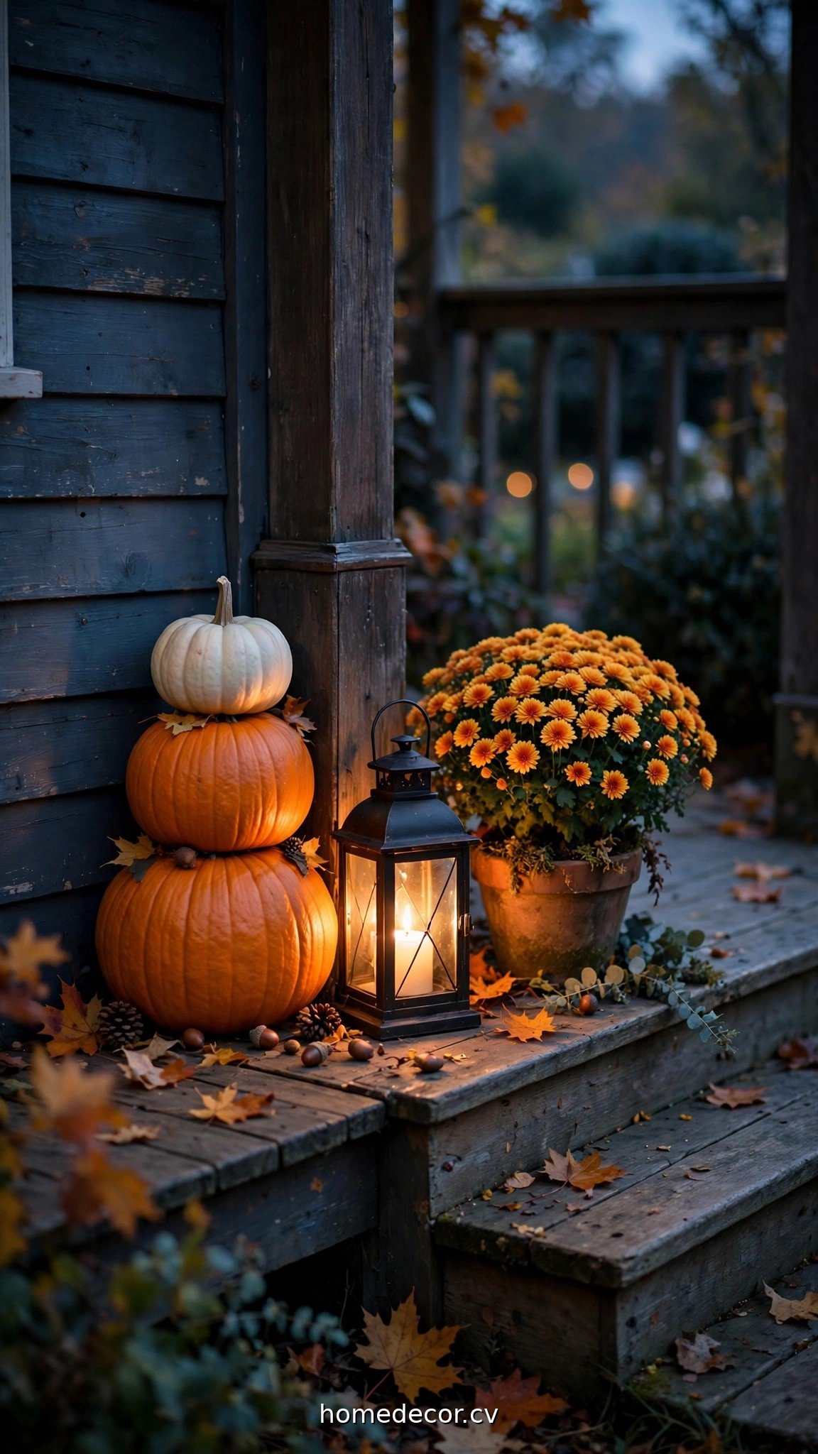 Small porch corner with stacked pumpkins, lantern and potted mum at dusk