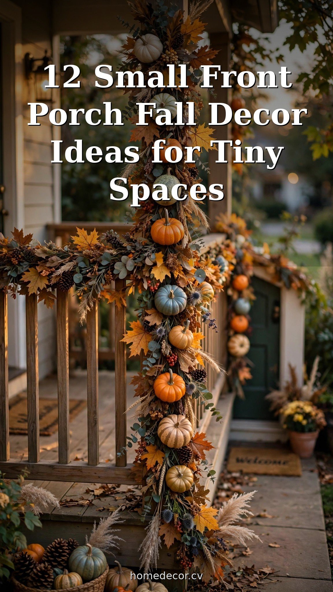 Pinterest pin: 12 Small Front Porch Fall Decor Ideas for Tiny Spaces