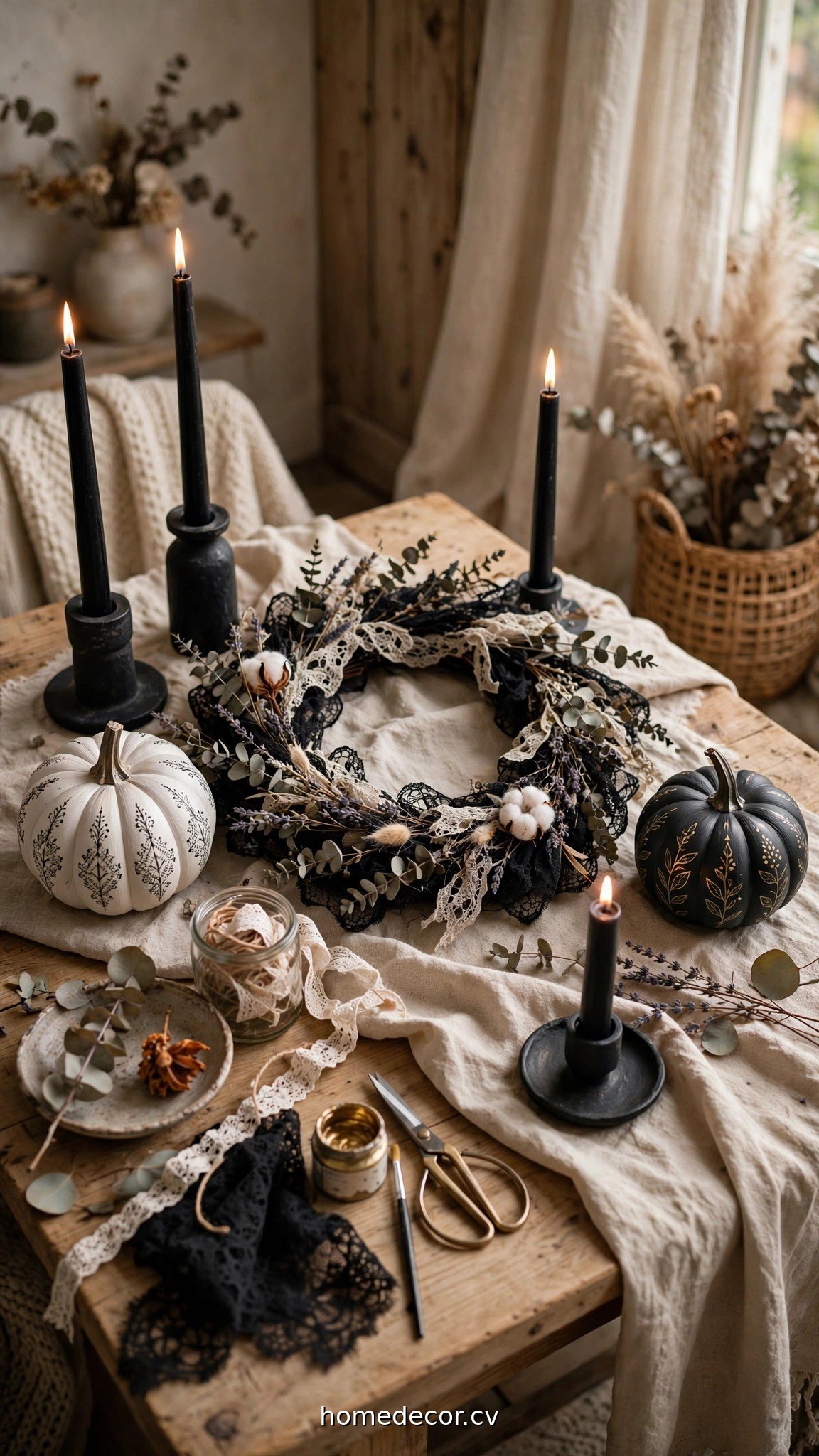 Elegant adult Halloween crafts: black candles, lace wreath and painted pumpkins