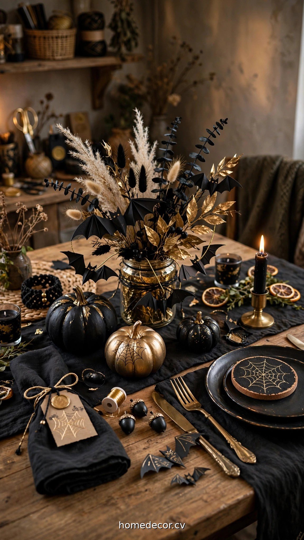 Spooky chic Halloween party crafts: black and gold table setting with handmade details