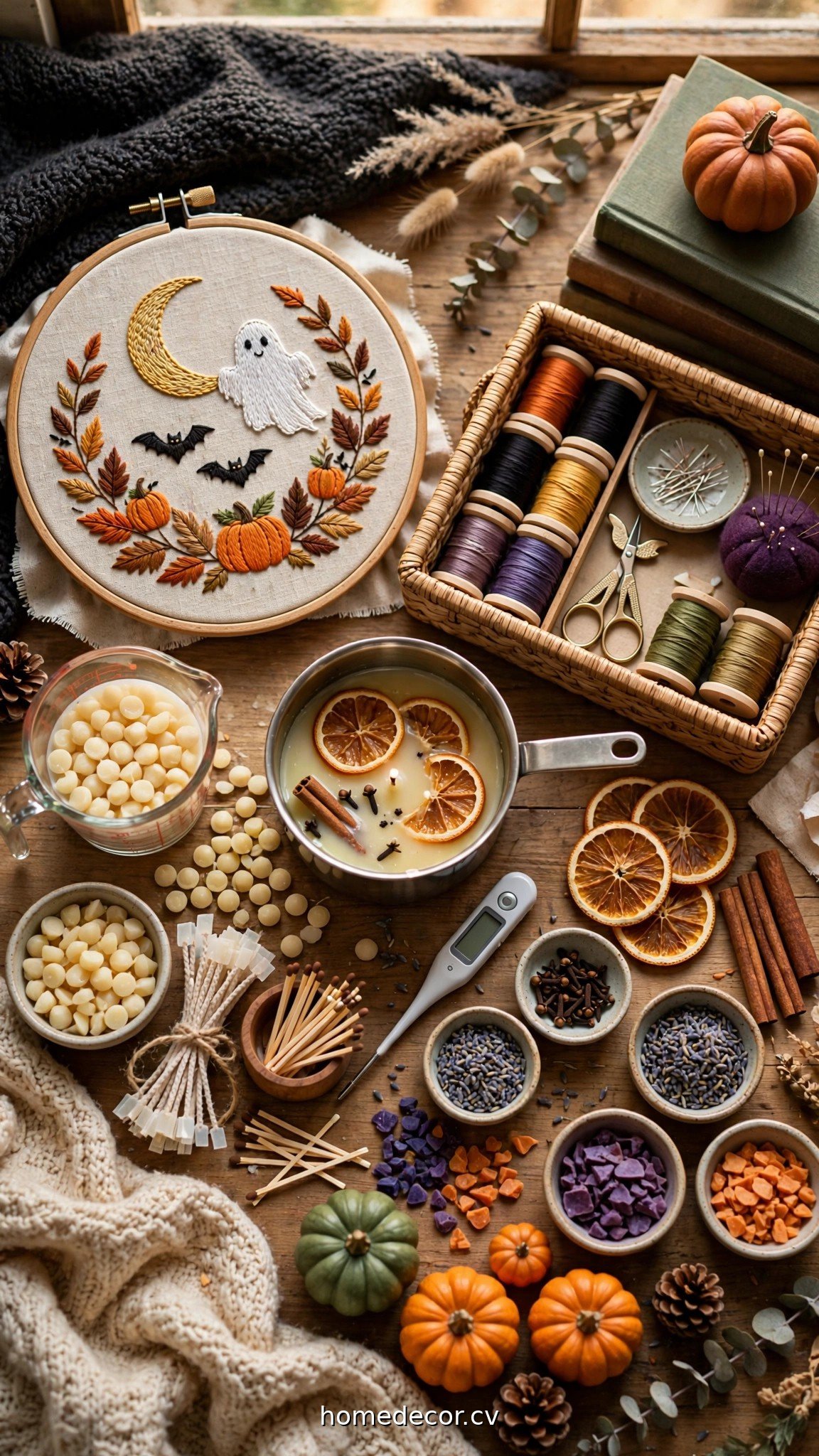 Cozy Halloween embroidery hoop art and candle making supplies