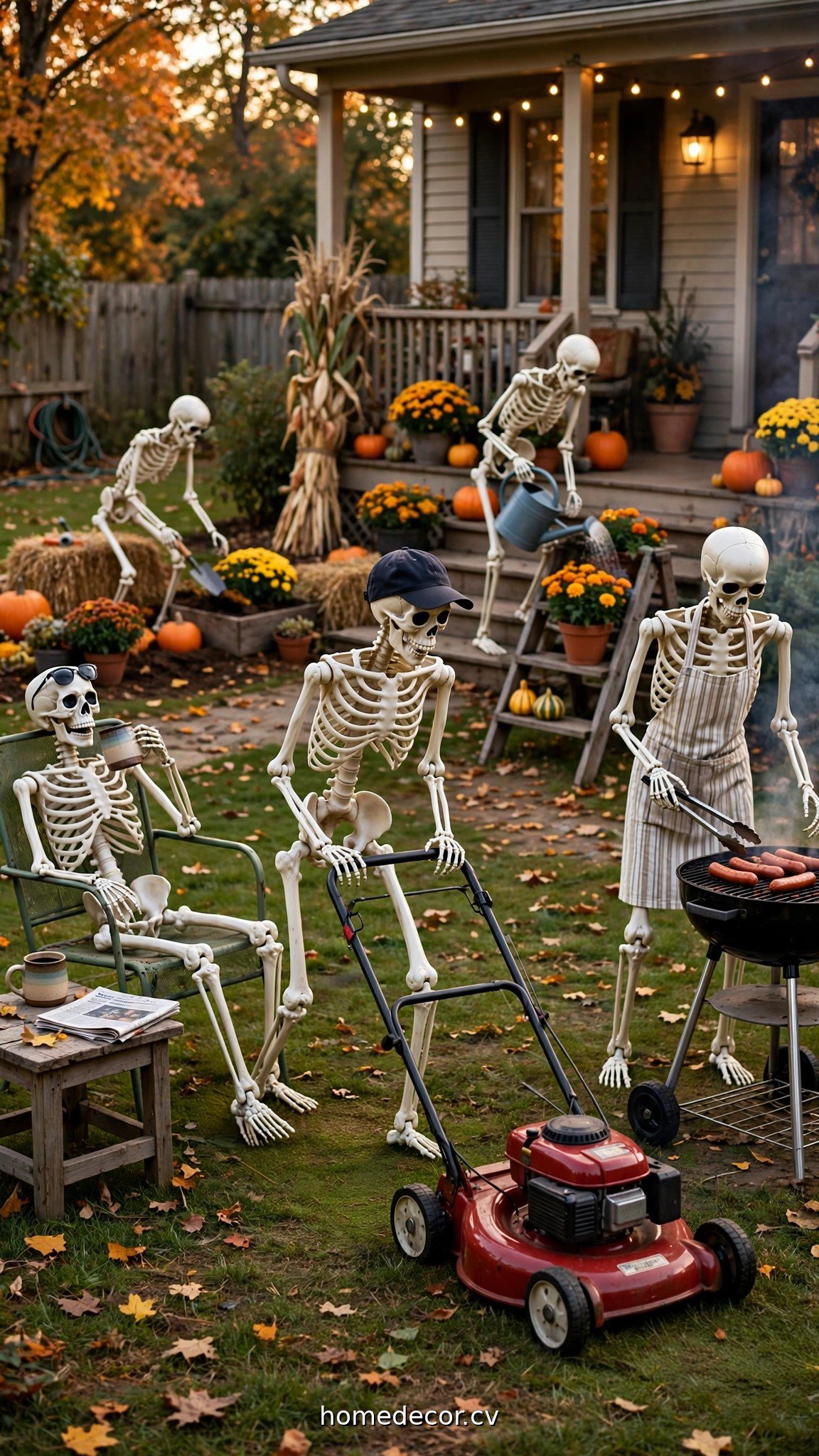 Funny skeleton yard display with skeletons doing everyday activities