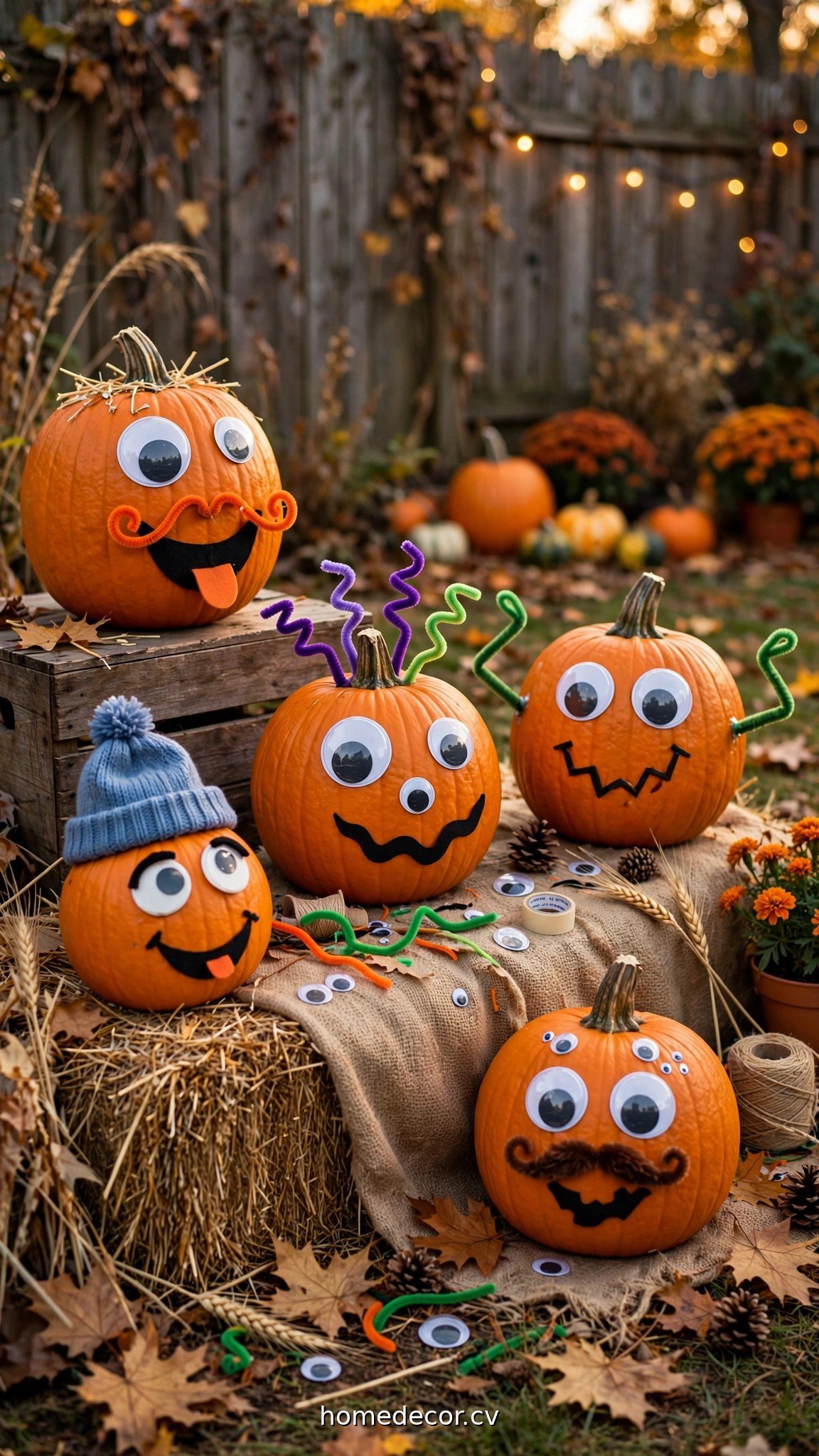 Funny DIY Halloween yard decorations with silly pumpkin faces and googly eyes