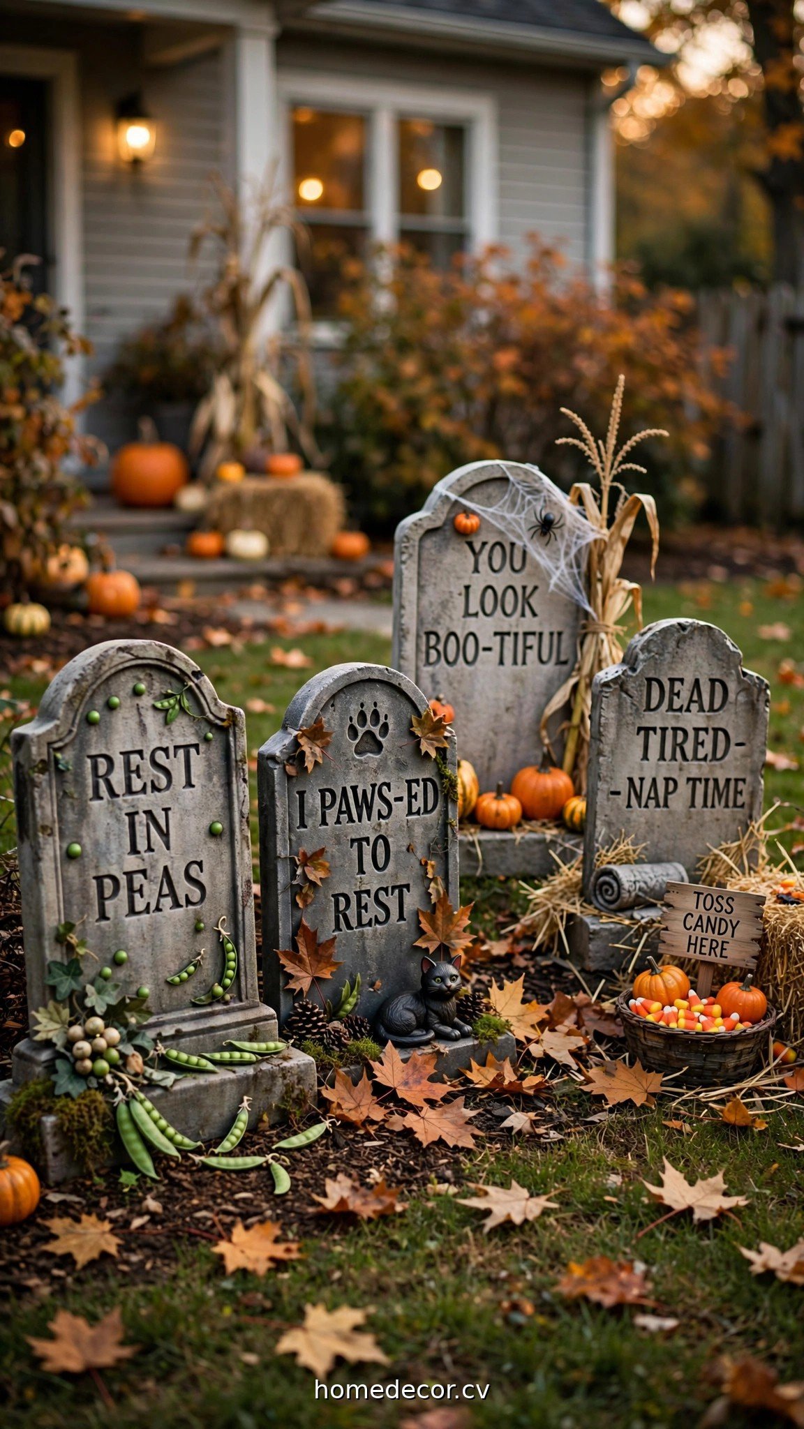 Funny Halloween tombstone signs with puns in a front yard