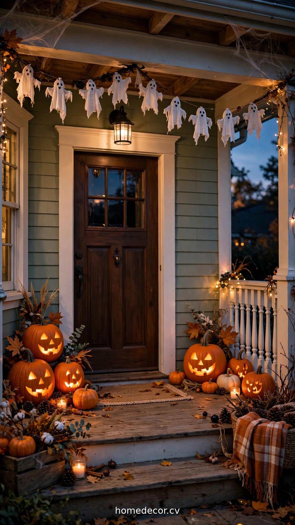 Front porch decorated with DIY Halloween decor outdoor ideas including glowing pumpkins and a ghost garland
