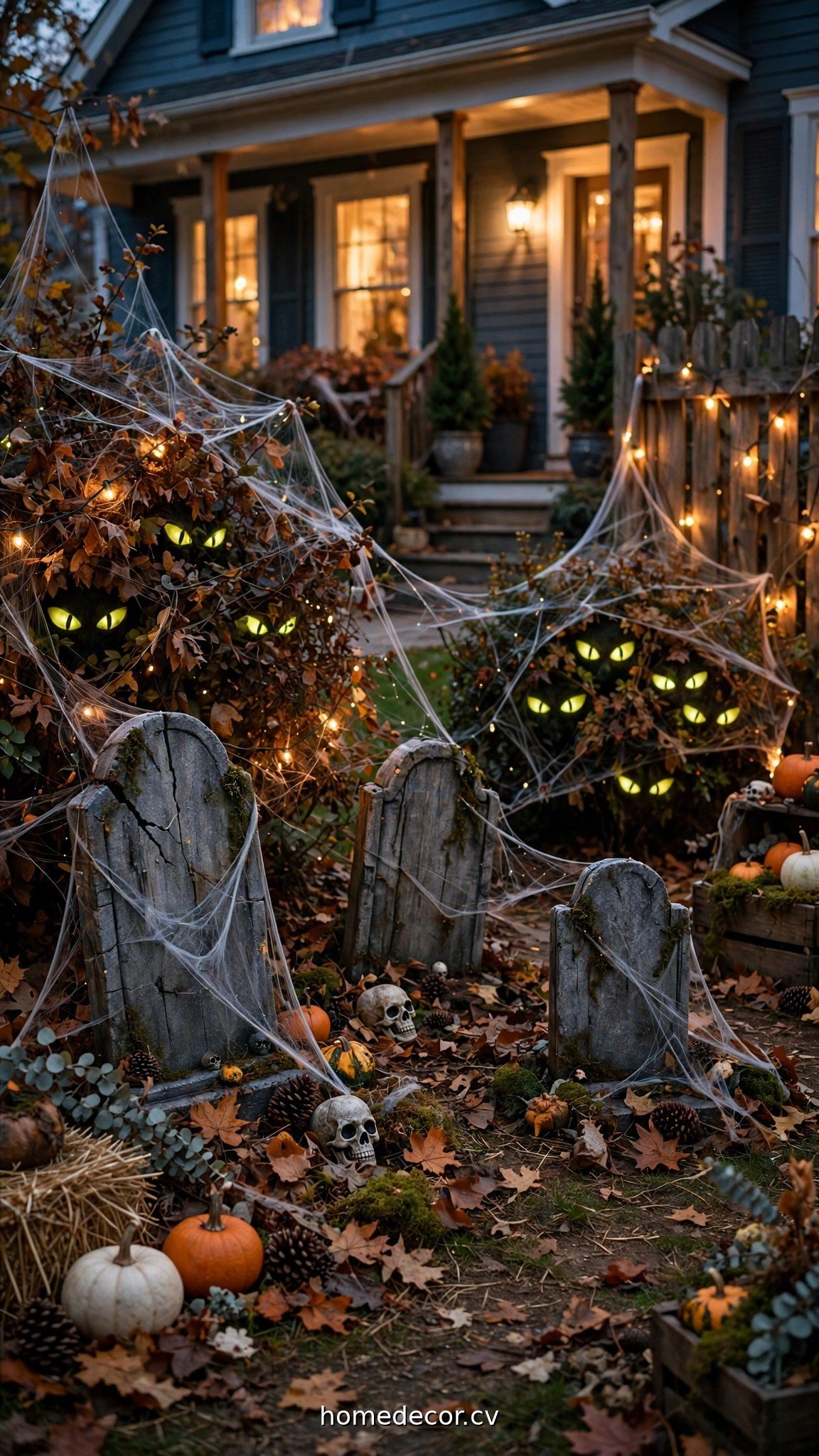 Spooky front yard with DIY Halloween tombstones, glowing eyes in bushes and spider webs
