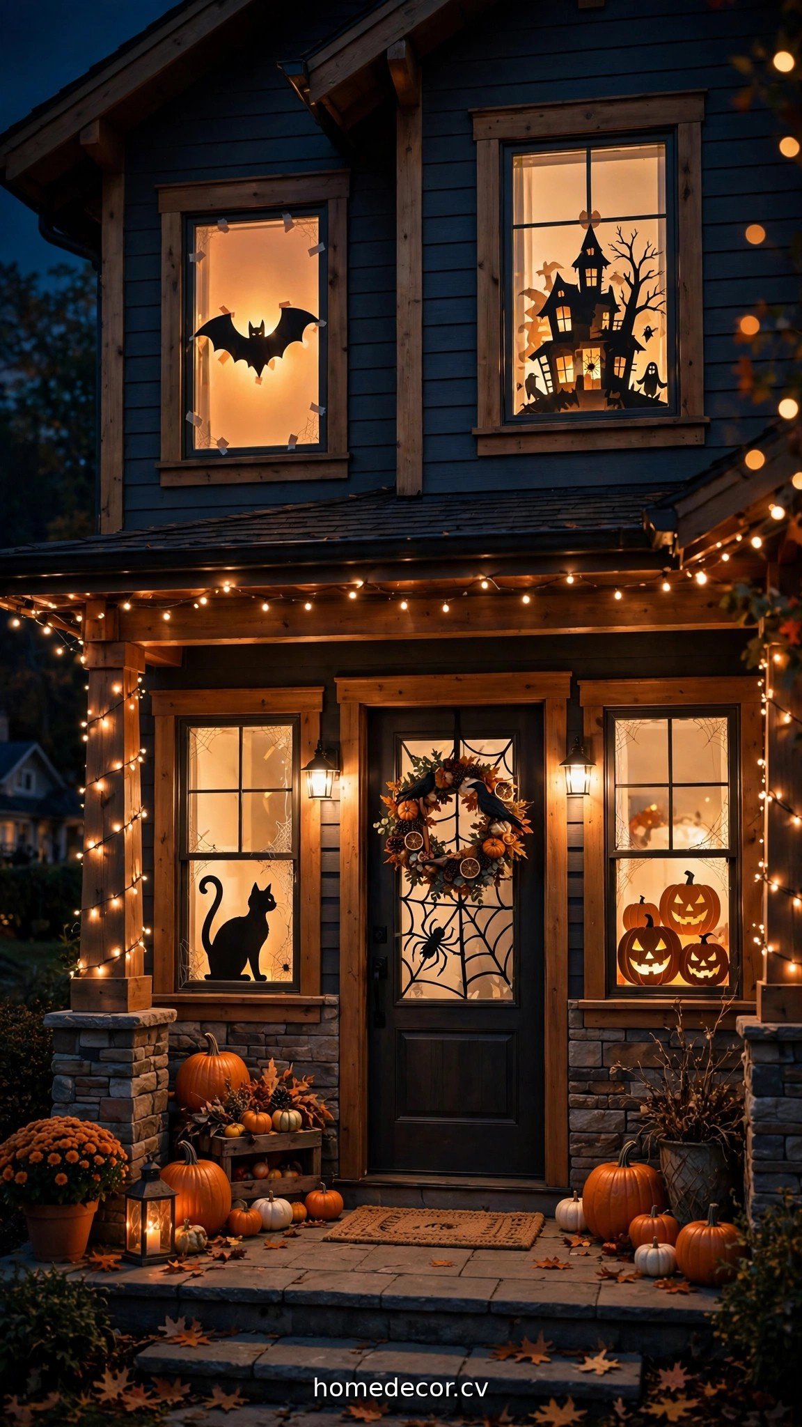 House windows glowing with DIY Halloween silhouette decorations at night