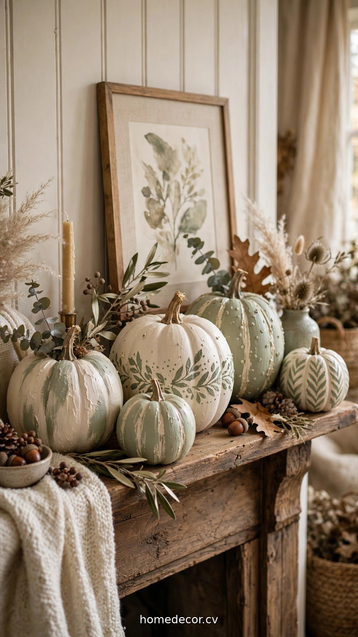 Hand-painted fall craft pumpkins in cream and sage on a wooden mantel