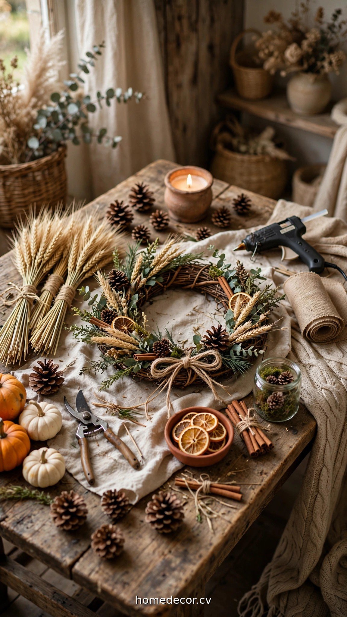 Rustic fall crafts for adults with pinecones, wheat bundles and a DIY wreath on a table