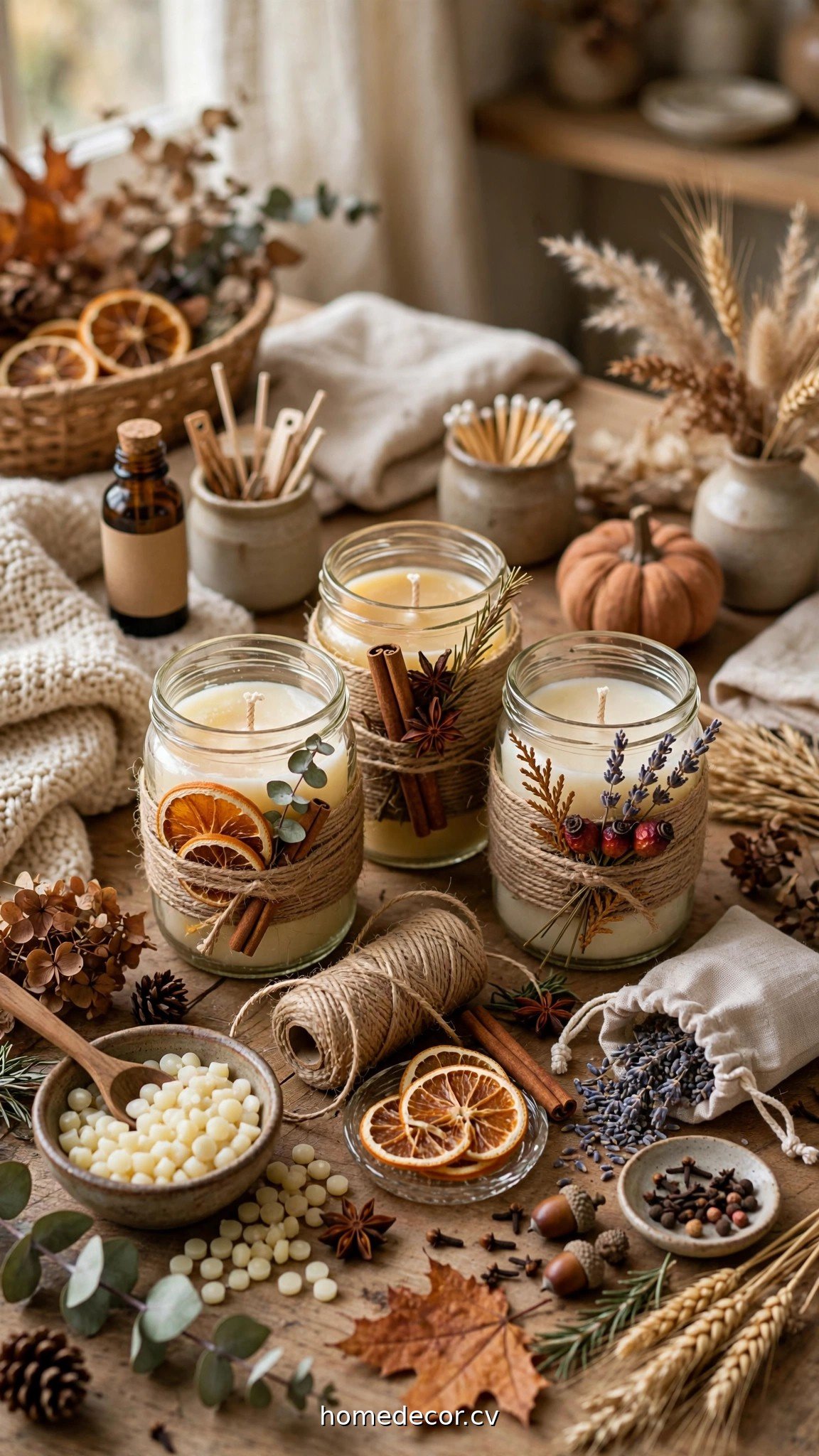 DIY fall candle crafts for adults with twine-wrapped jars and autumn scents