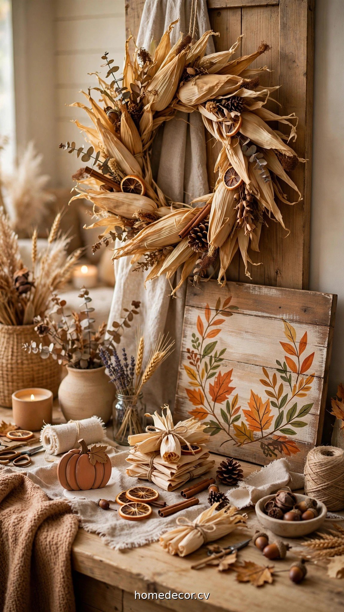 Statement fall craft projects including a corn husk wreath and painted wood sign