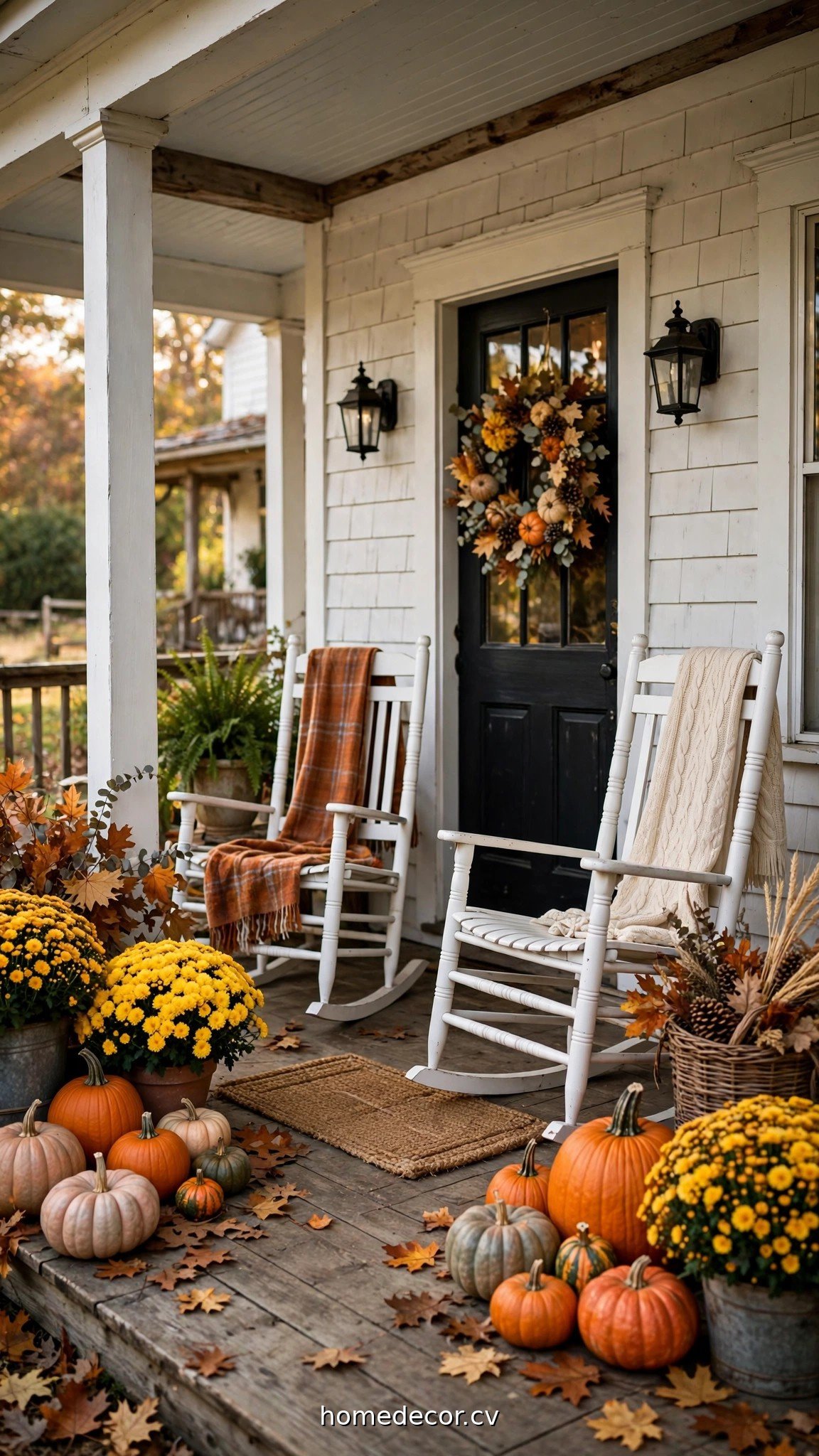 Classic farmhouse fall porch decor with mums, pumpkins and rocking chairs