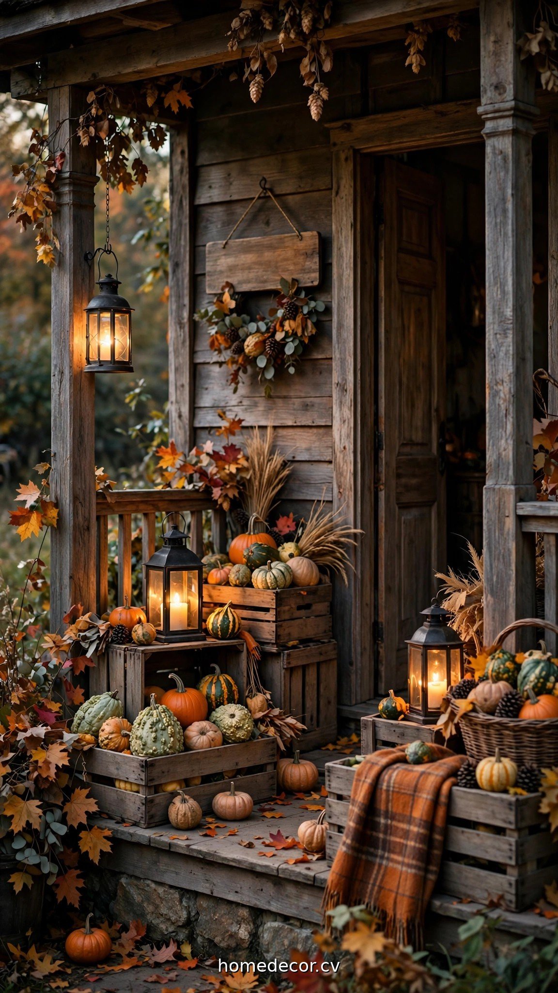 Rustic farmhouse fall porch details with lanterns, wooden crates and a welcome sign