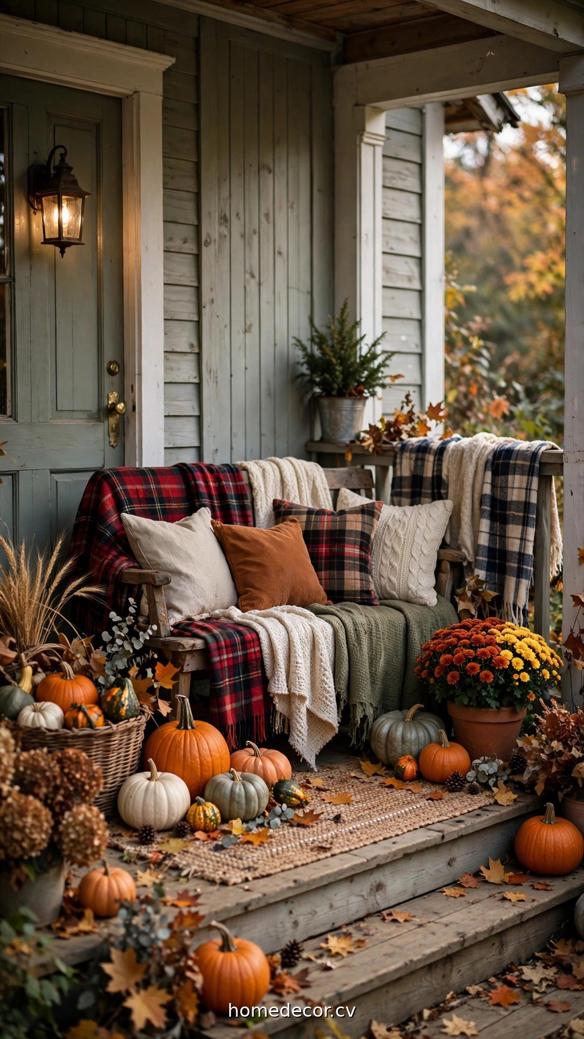 Cozy small farmhouse fall porch with layered textiles and pumpkin accents