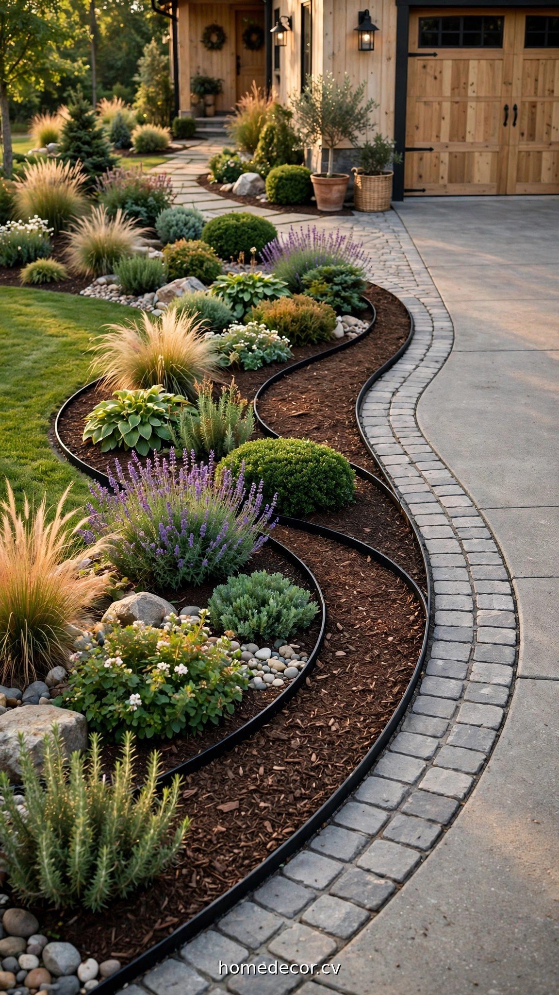 Driveway landscape ideas with crisp edging and curved mulch beds
