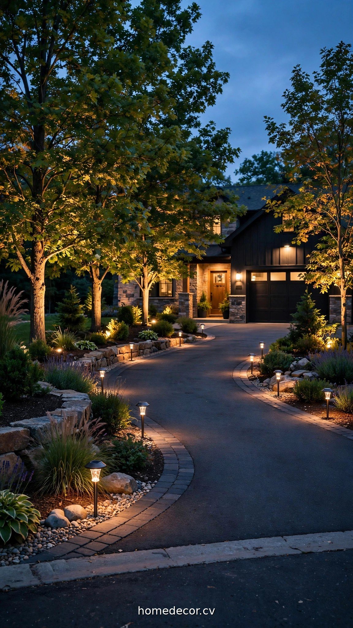 Driveway landscape lighting with solar path lights and uplights at dusk