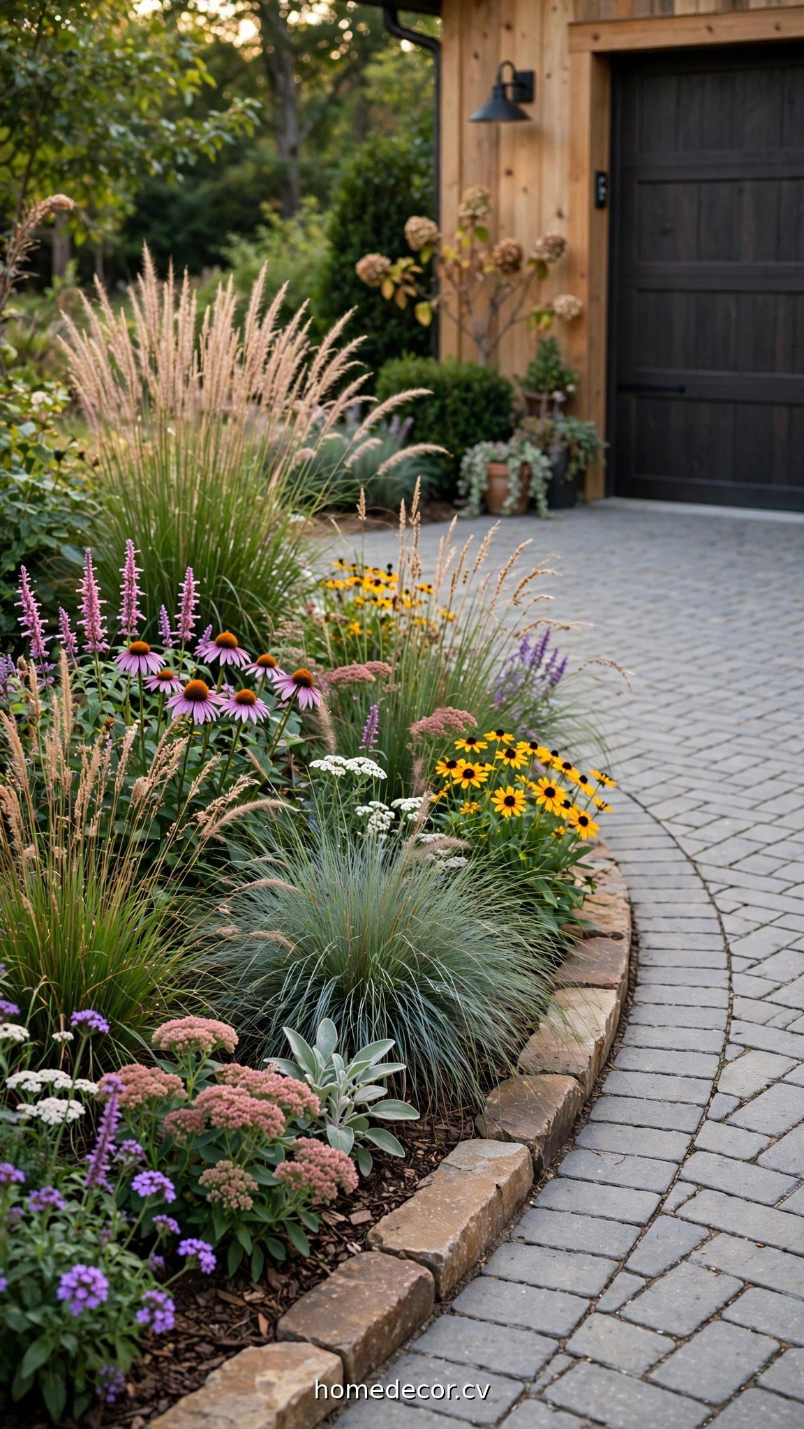 Driveway border plantings with ornamental grasses and colorful perennials