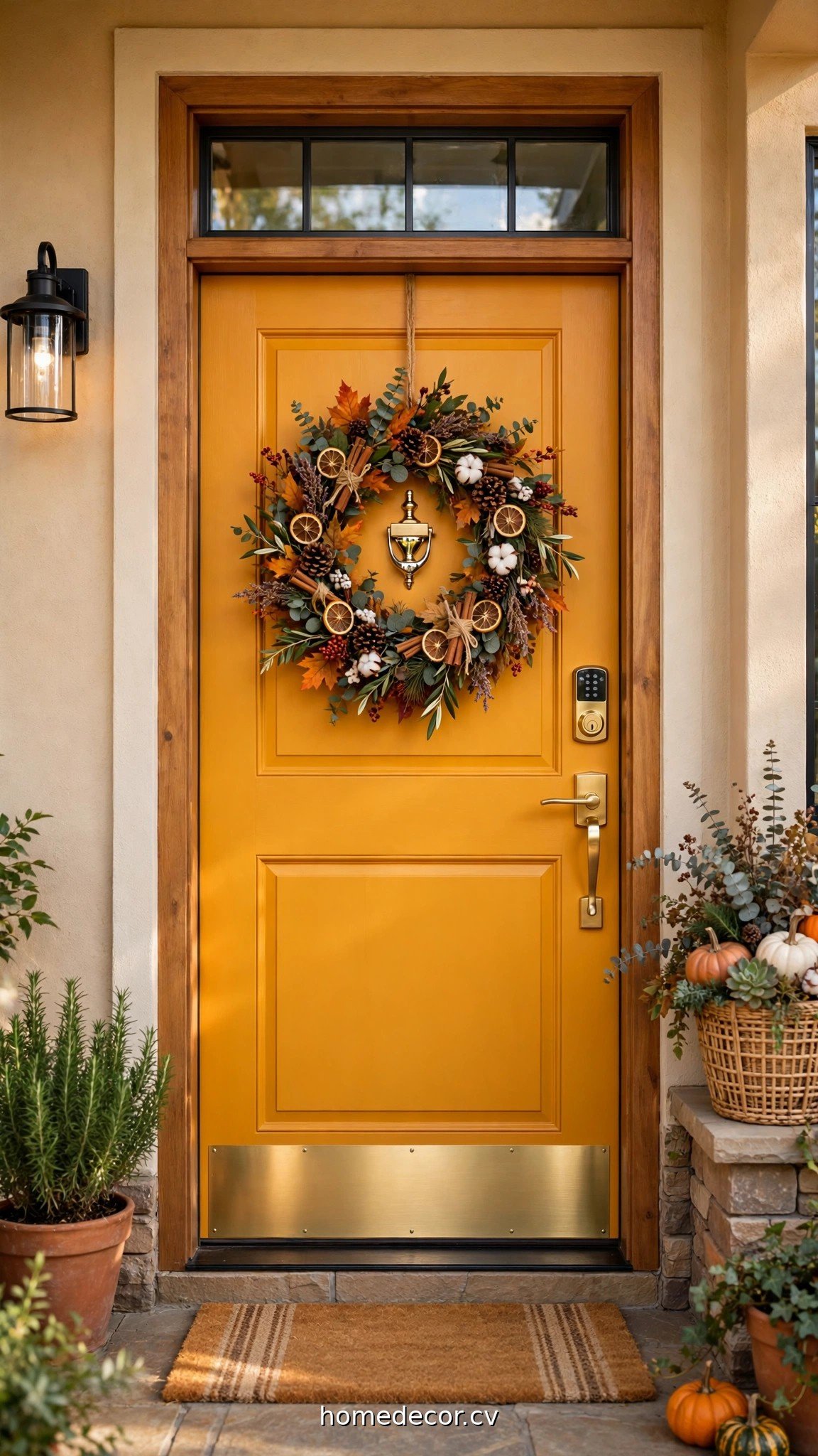 Bold painted front door with new hardware and a seasonal wreath